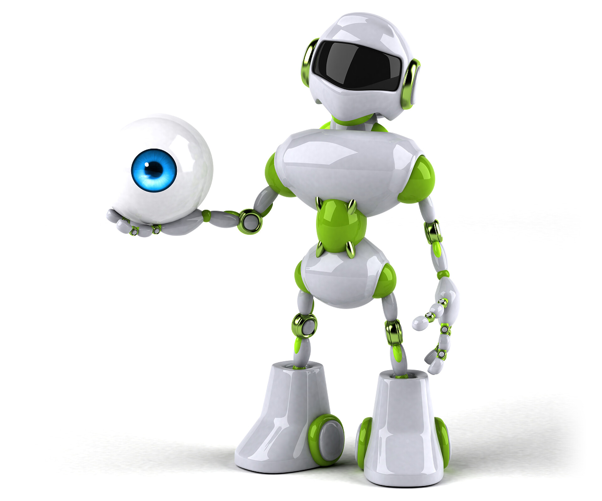 在白色背景前一个白绿相间的机器人手里拿着一个3D眼珠