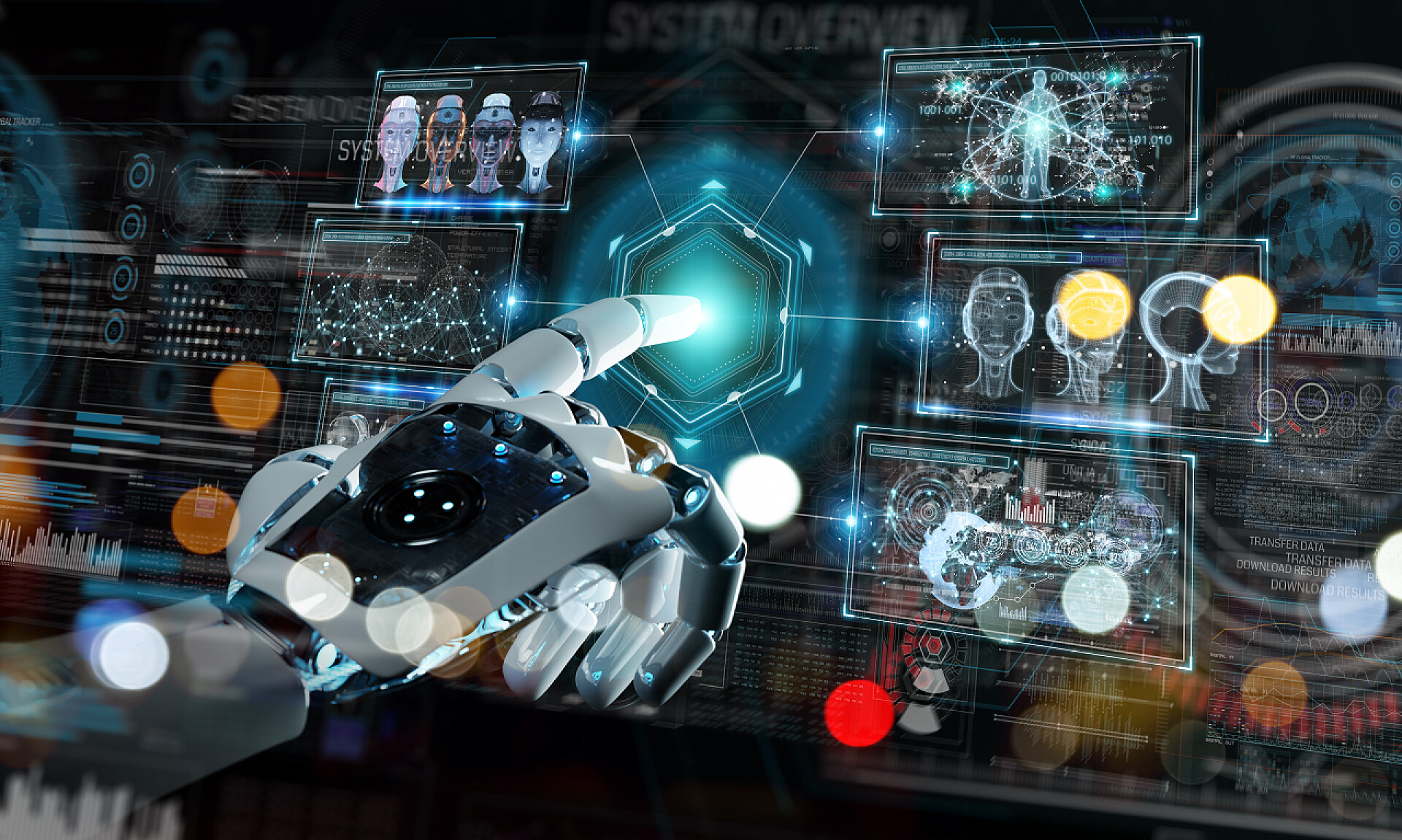 在黑色背景下一个机器人的手去触碰未来科技的按钮智能机器人机器使用数字屏幕接口与他的手3d 渲染