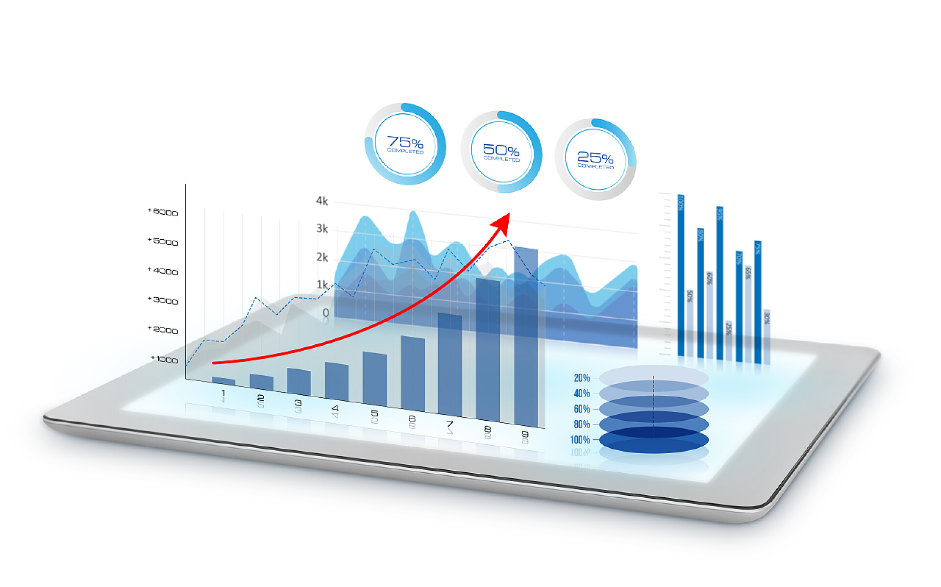 在白色的背景前一个白色的平板上显示的数据从平板电脑投影图