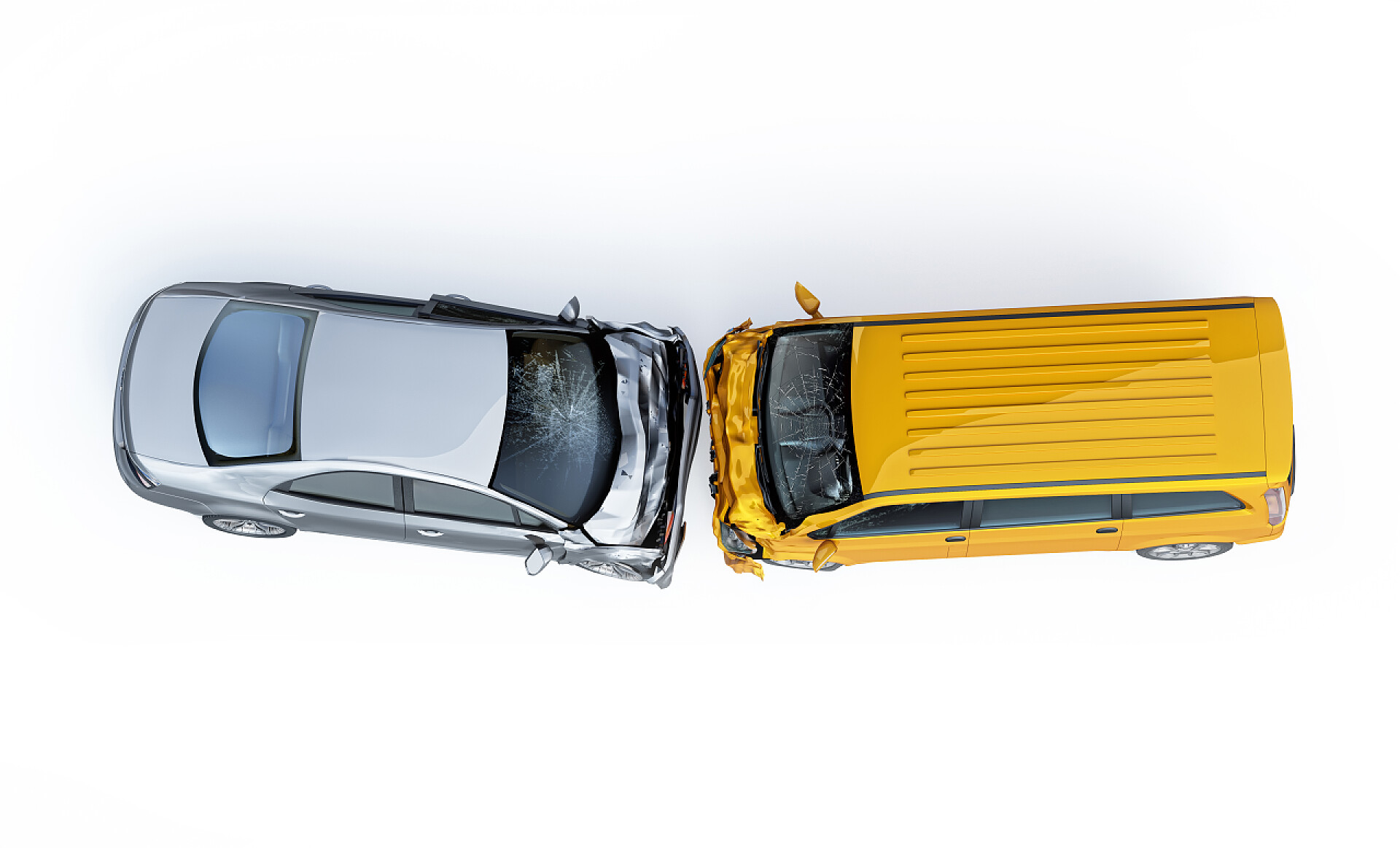 白色的背景下两辆相撞的车两辆车出事了撞车了一辆黄色面包车对着一辆银色轿车。巨大的伤害。隔离在白色背景上。从顶部查看.