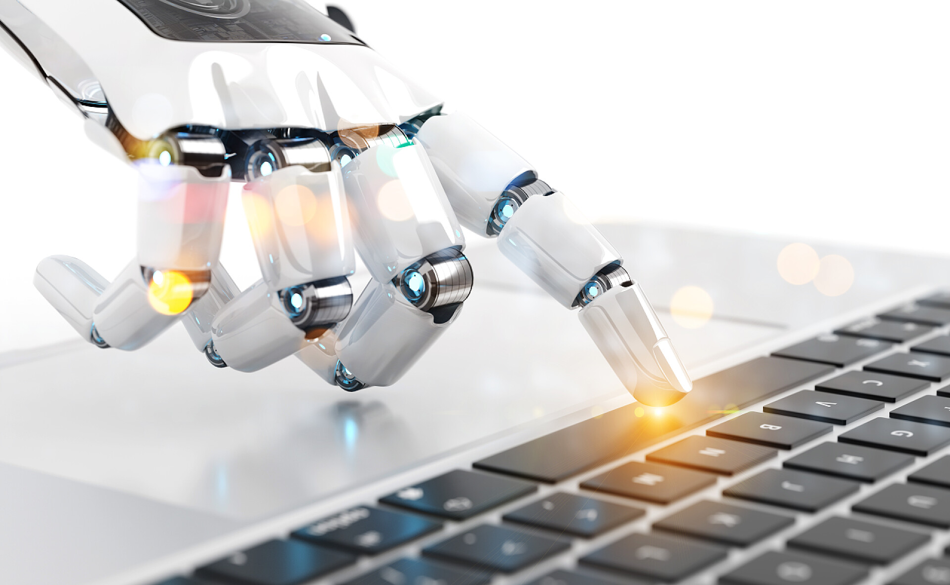 一个机器人的白色手指在按向黑色的键盘白色机器人机器人机器人手按键盘在笔记本电脑3d 渲染