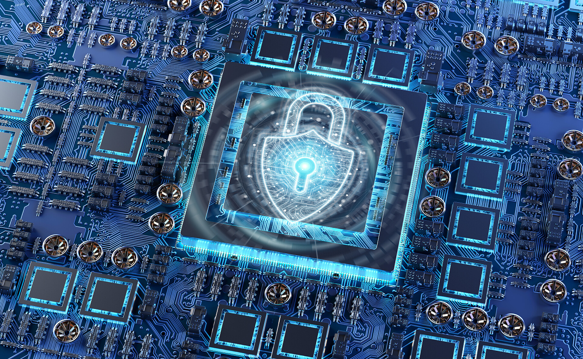 蓝色的防护盾标志一种具有网络安全激活3D渲染的现代GPU卡电路的特写视图