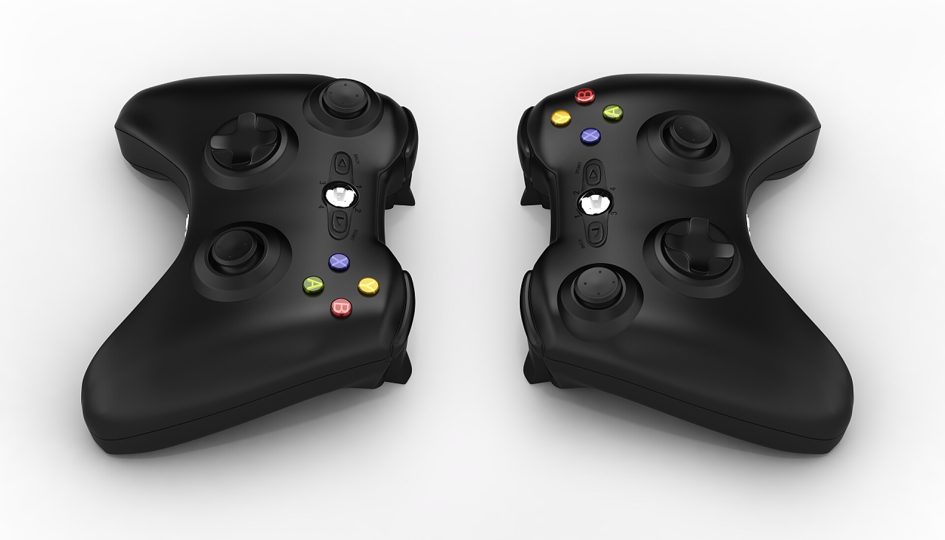 在白色背景下的两个黑色游戏手柄在白色背景3d 查出的黑色游戏板