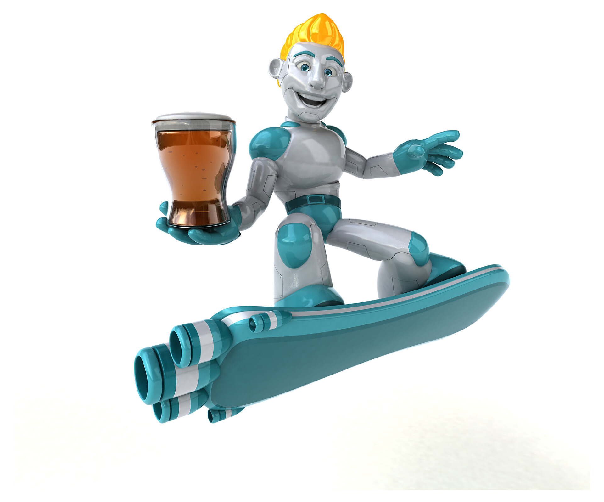 在白色的背景下一个银蓝色的机器人再送一杯可乐