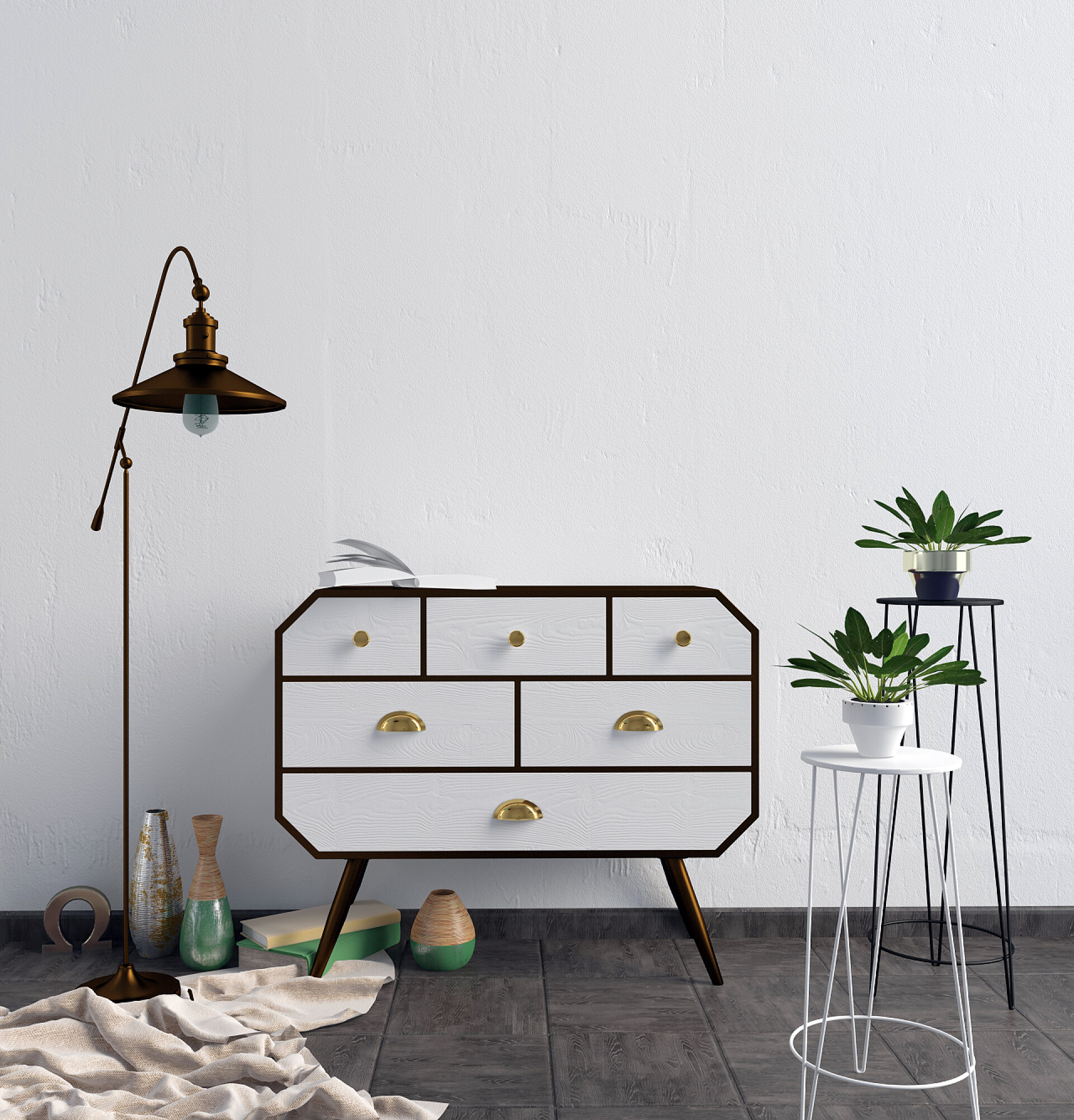 在白色的墙前有着一个简约风格的柜子落地灯，还有绿色的植有梳妆台的现代内饰。墙是假的。3d说明.