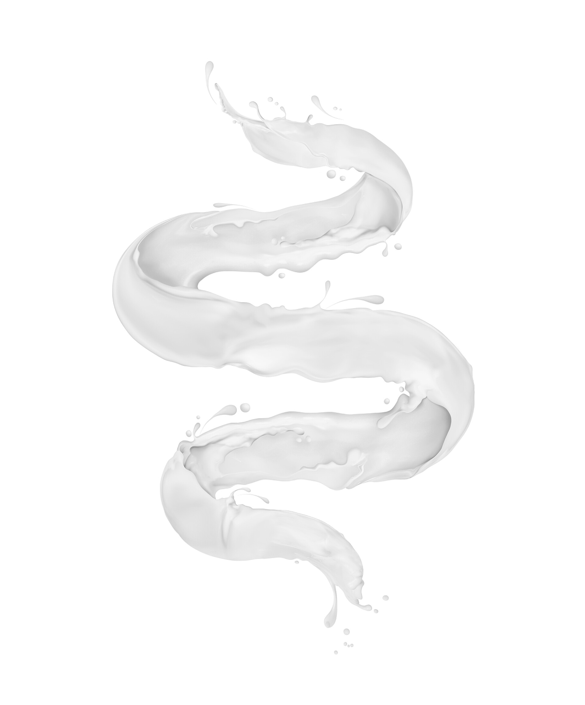 在白色背景下呈现s弯曲道的牛奶牛奶飞溅以螺旋的形式在白色背景被隔绝