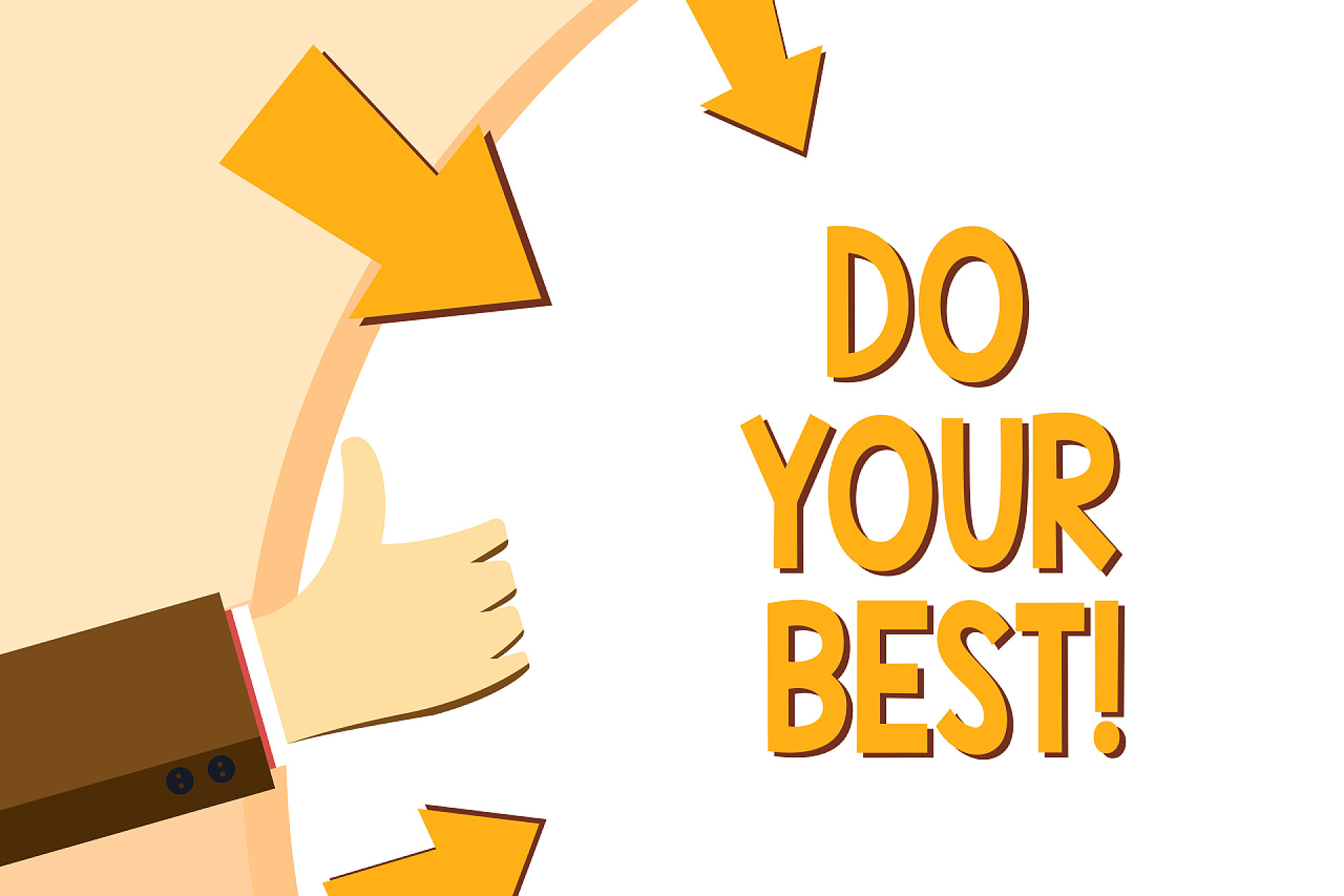 白色黄色背景下的一双举着大拇手指头的手和英文字母写笔记显示你做你最好的。展示鼓励的商业照片, 为实现你的目标付出巨大的努力.