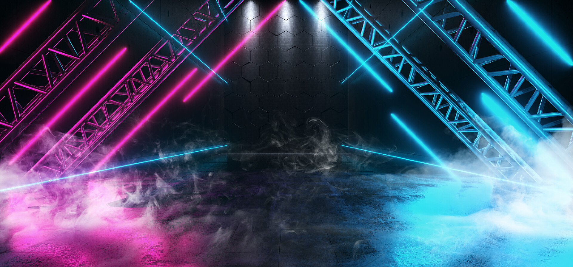 朋克风格的灯光显示烟三角形状霓虹灯发光舞台金属结构工作室 