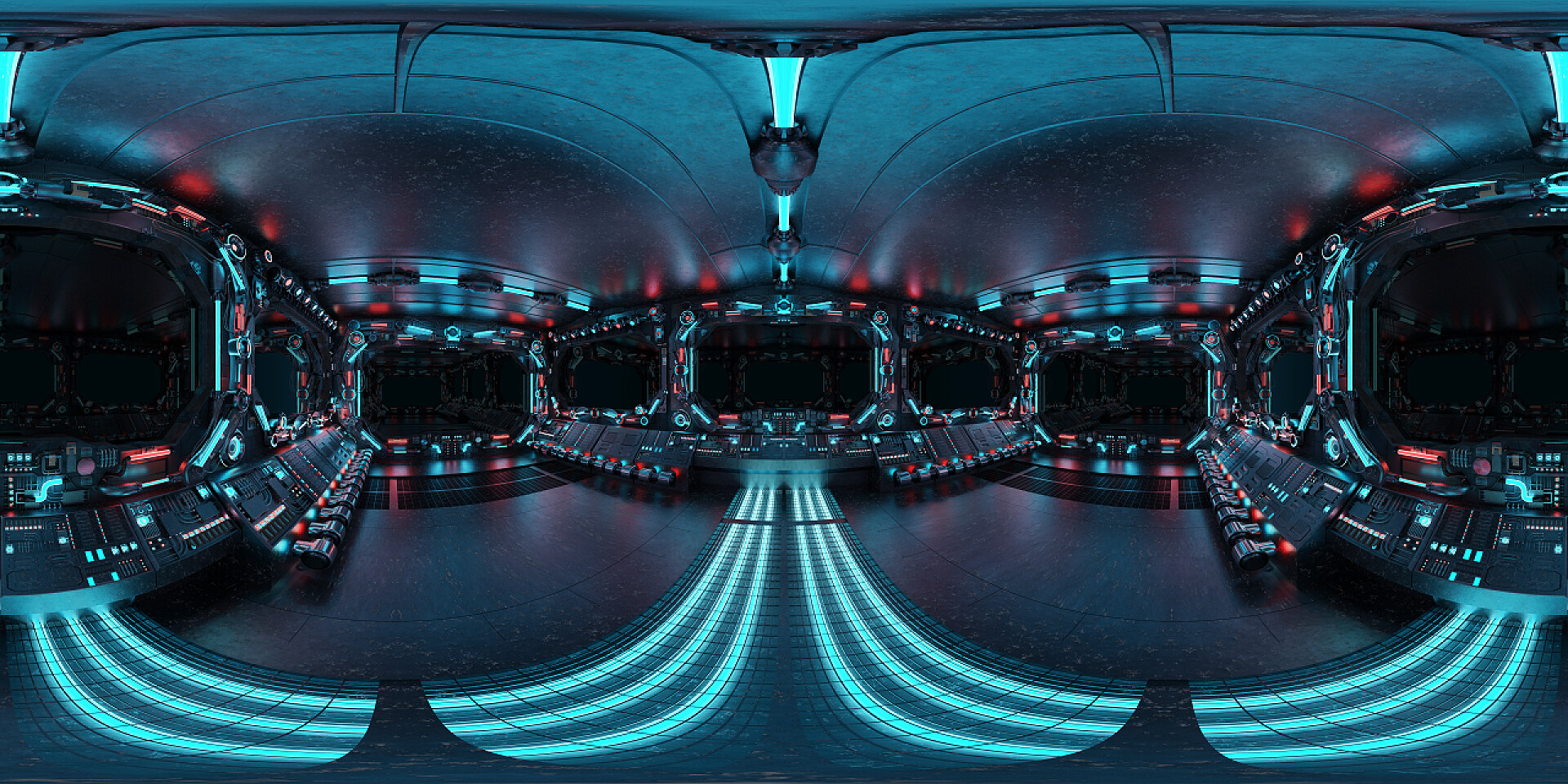 蓝色黑色结合的未来科技效果显示HDRI全景的深蓝色宇宙飞船内部与窗户。未来航天器机房三维绘制高分辨率360度全景反射绘图