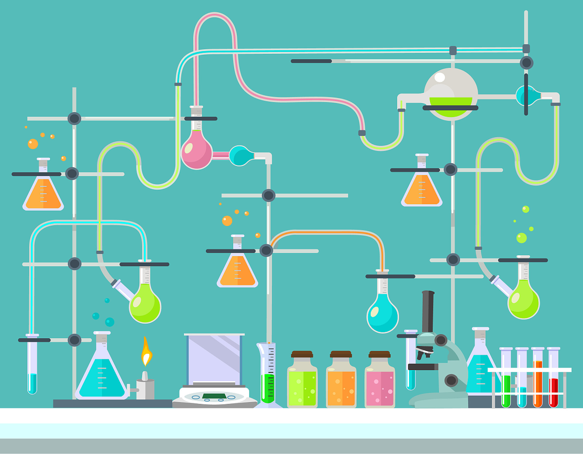 绿色的背景下的实验室和化学试剂