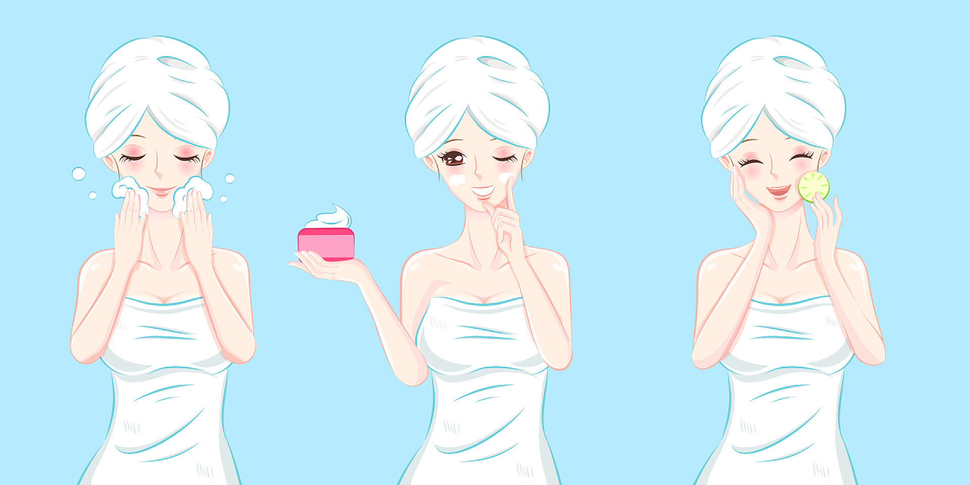 蓝色背景下在美容的女孩美容护肤