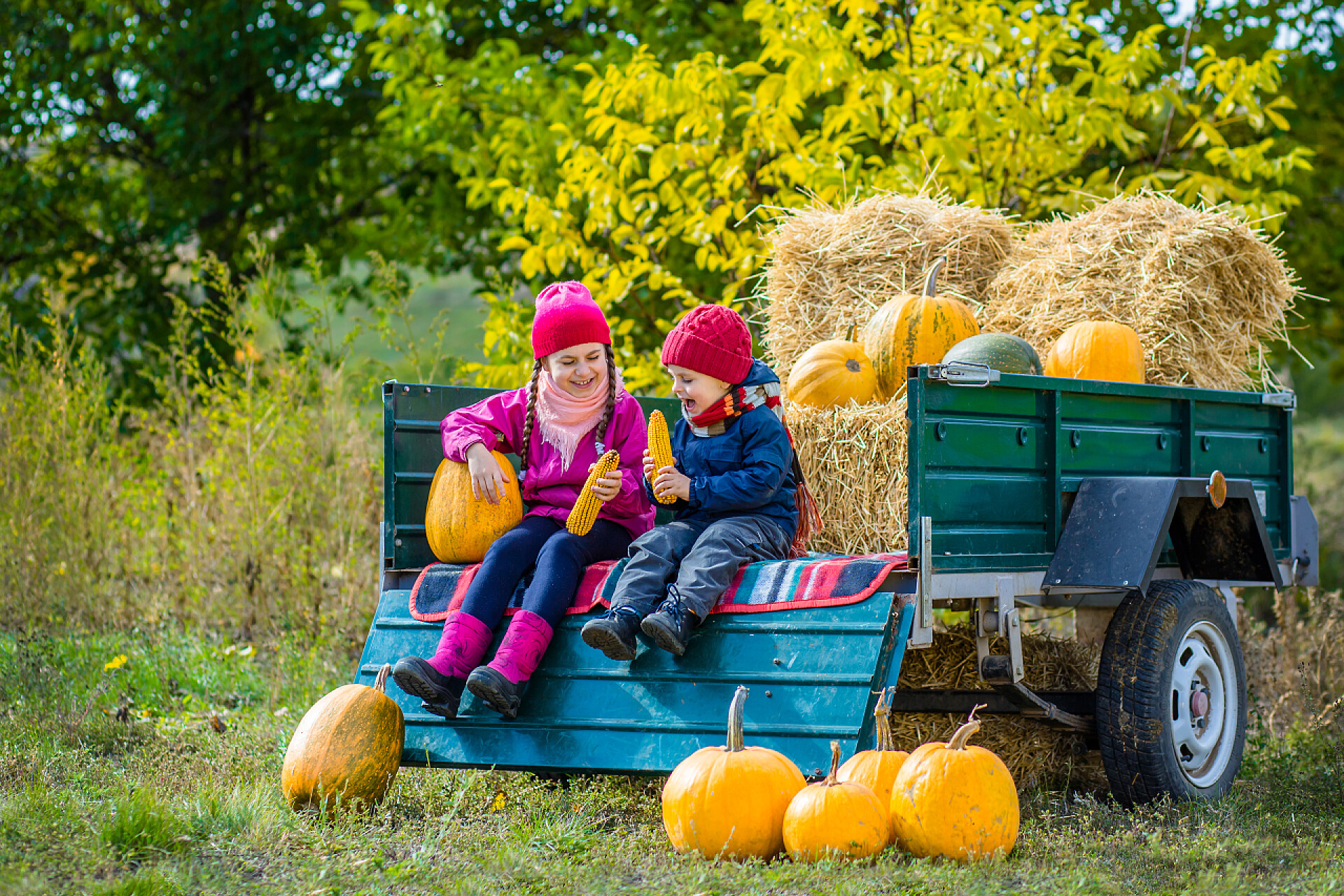 两个小孩子坐在稻草车上喝着饮品外国农村秋天田园生活