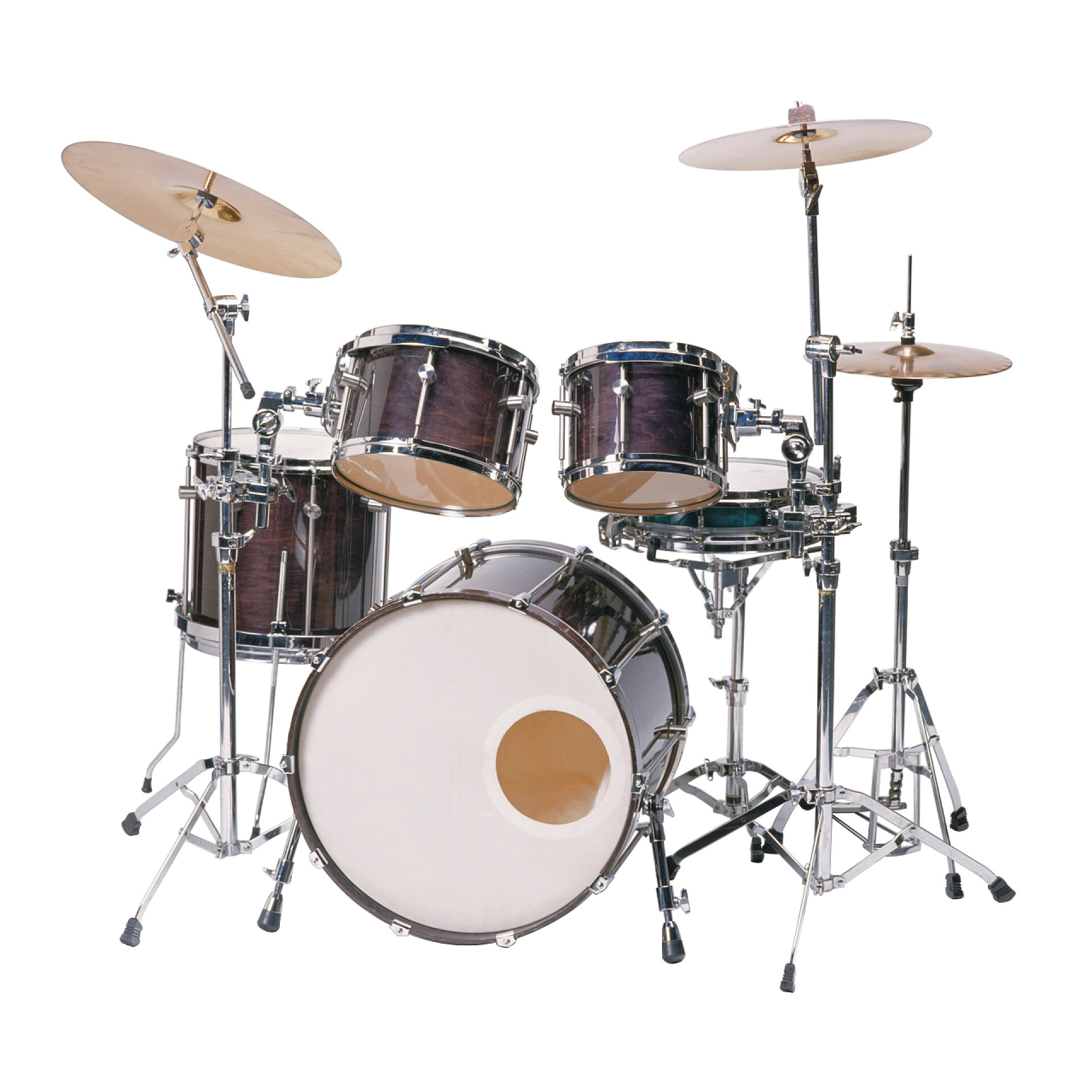 白色背景上的一套架子鼓乐器