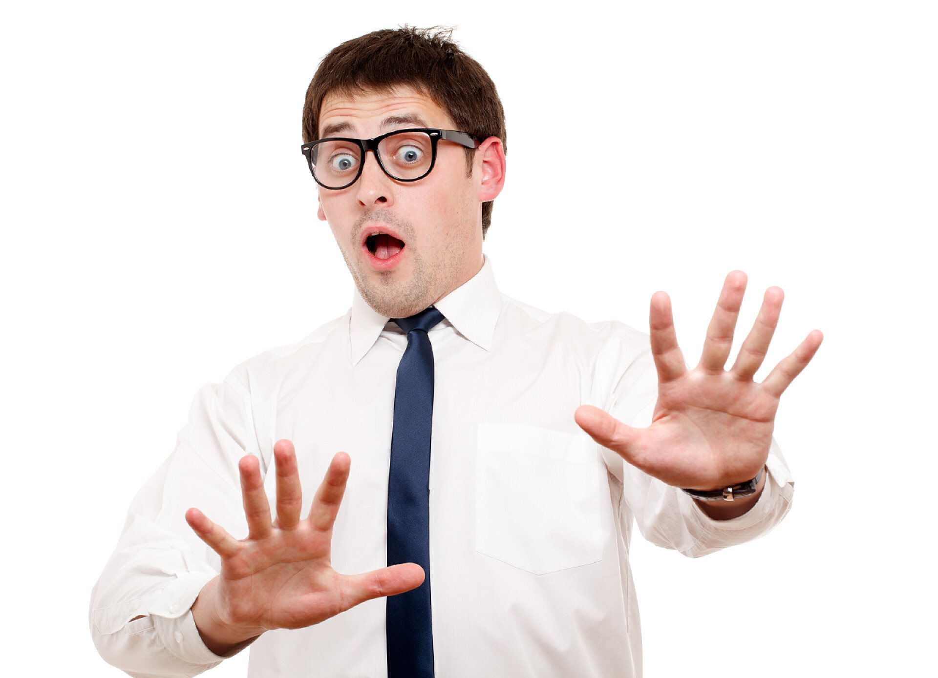 白色背景上感到害怕的男士害怕的人