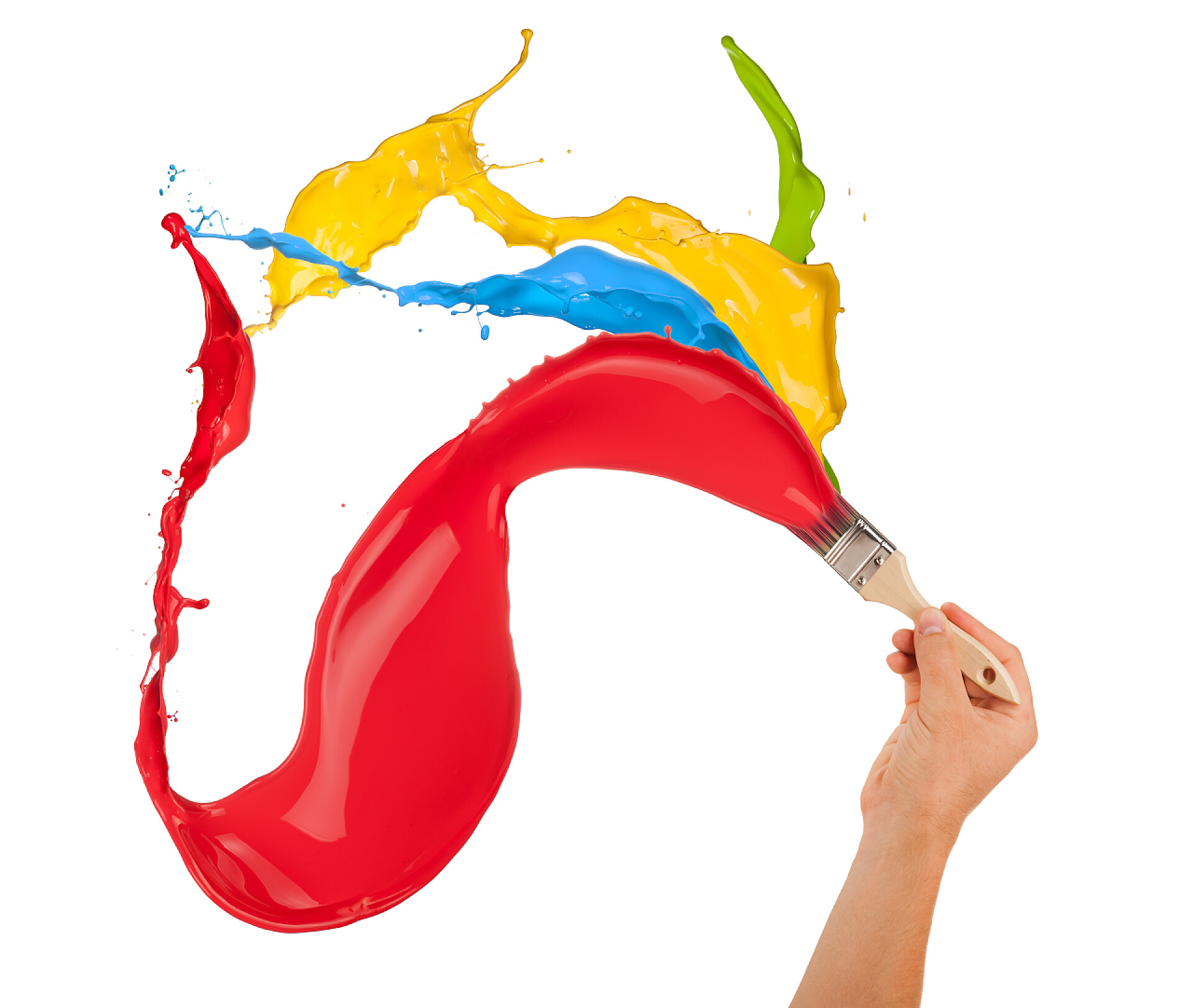 一只手正在白色背景上作画彩色的波纹