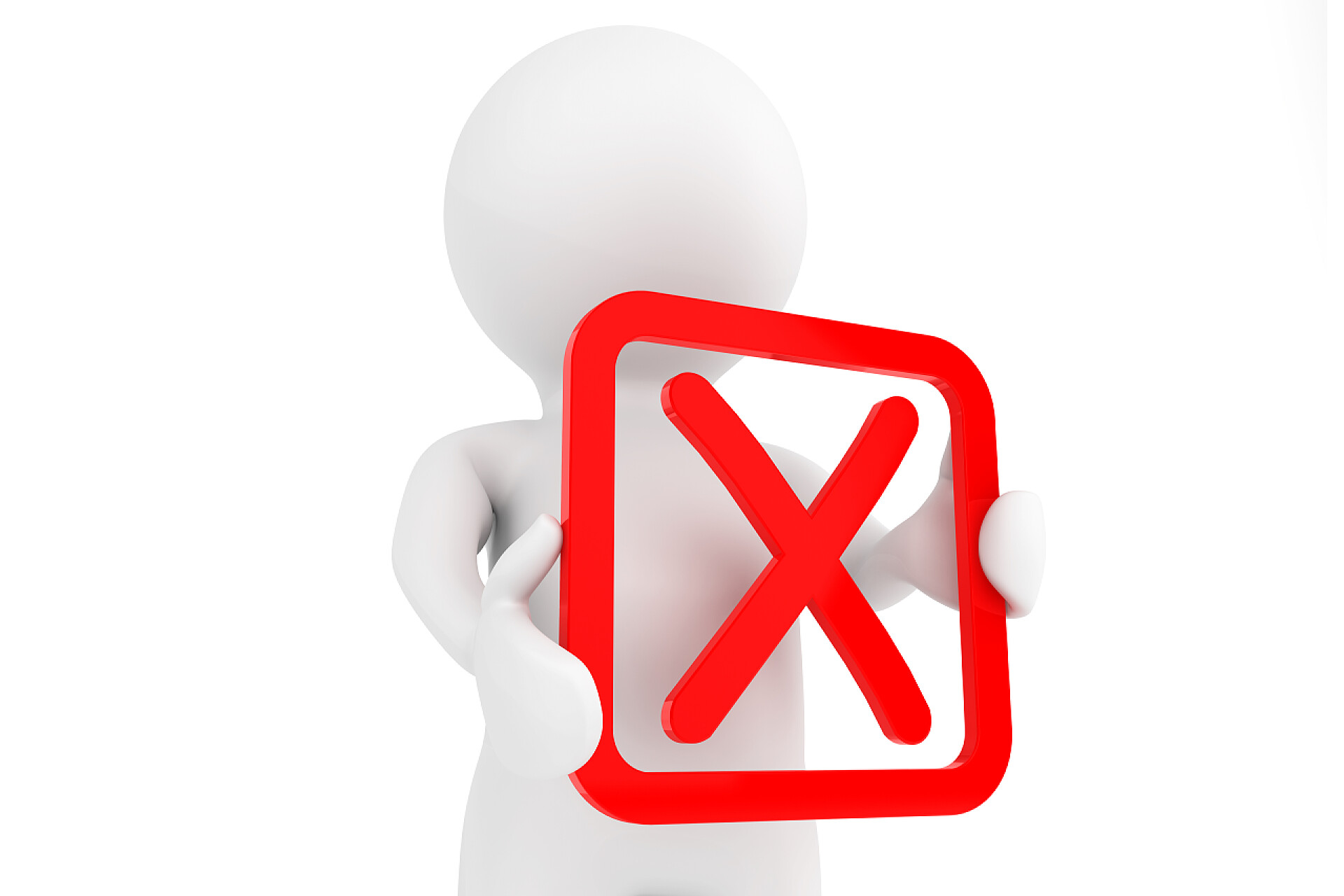 白色背景上卡通人物手举红色叉3d 的人掌握在手中的红色负符号