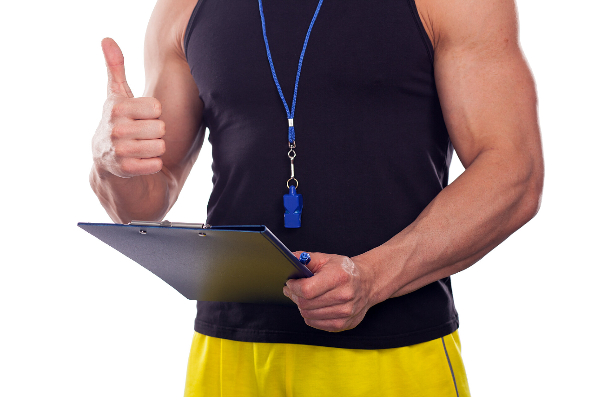 白色背景上的健身教练用手比赞与垫在他的手，在白色孤立的私人教练