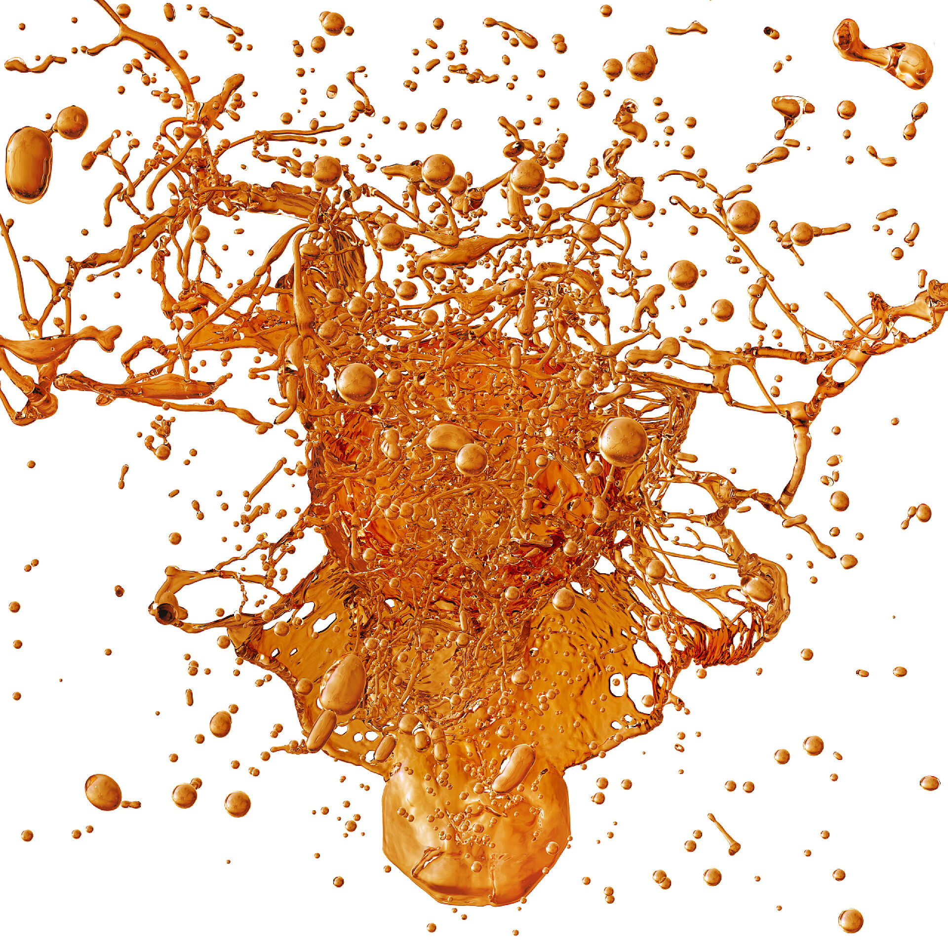 白色背景上飞溅的黄色液体液体飞溅。酒精饮料，茶，可乐.