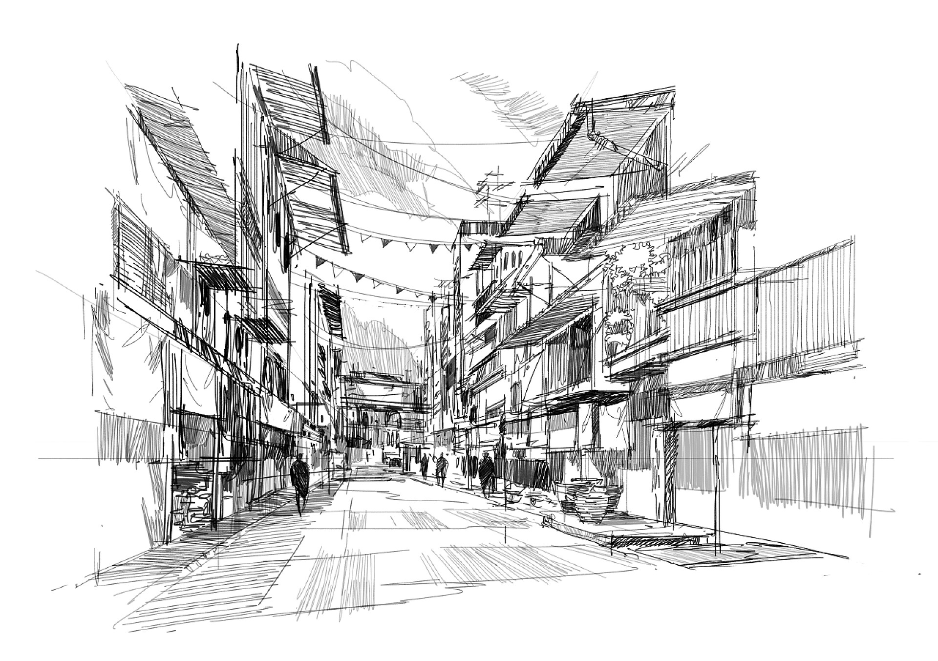 城市街道速写图旧街市场