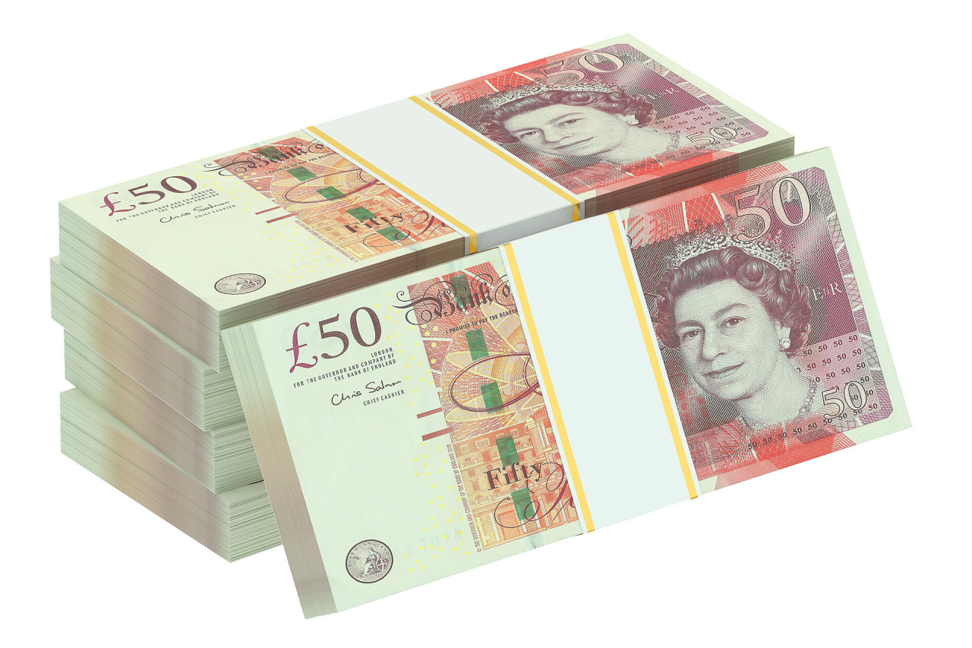 白色背景上一堆钱币包的 3d 渲染英镑