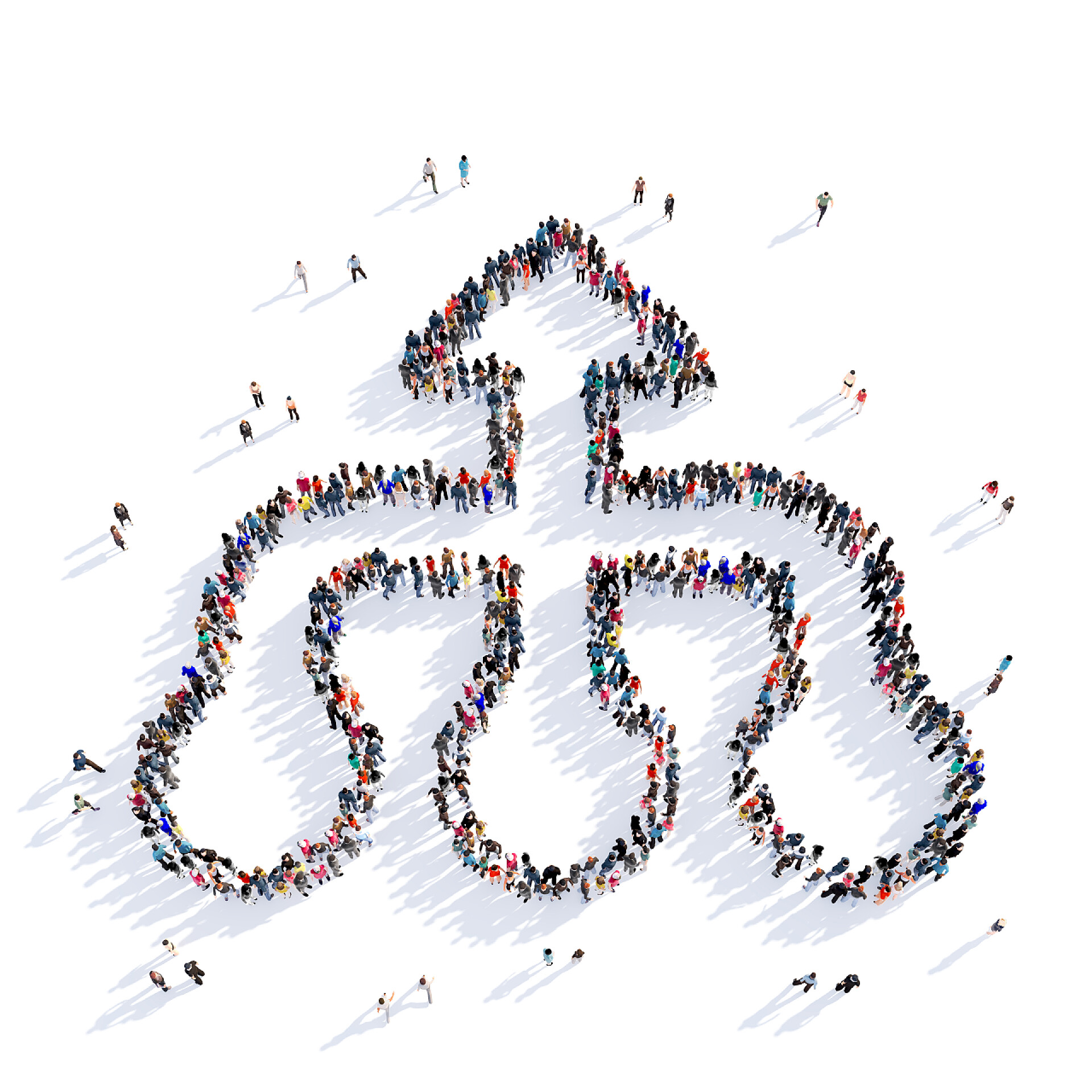 拼凑成创意箭头图案的一群人箭头方向形状图标 3d 渲染