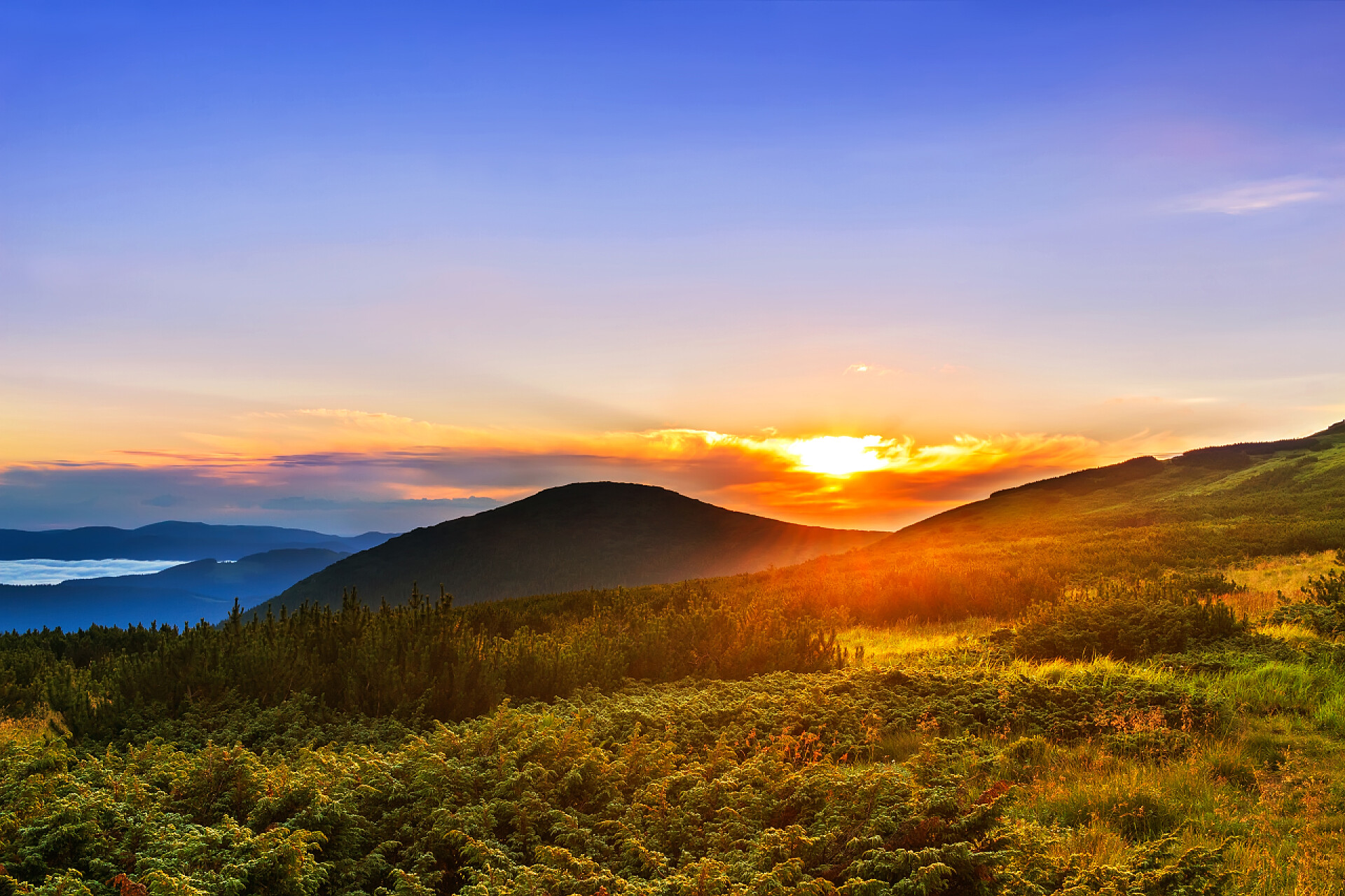 乌克兰喀尔巴泰山区风景风景如画的日出, 早晨黎明在喀尔巴泰山区, 乌克兰.