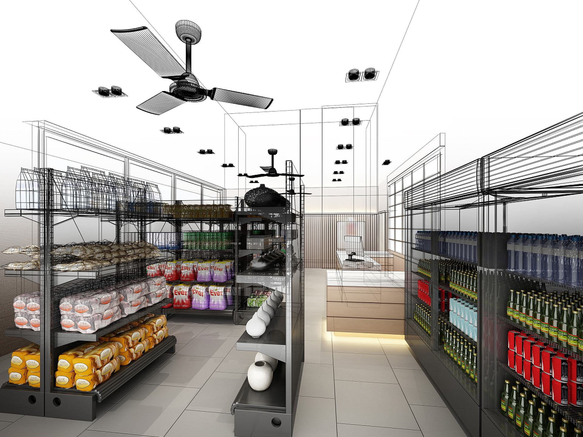 超市排放整齐的货架设计素描的超市，3d 渲染