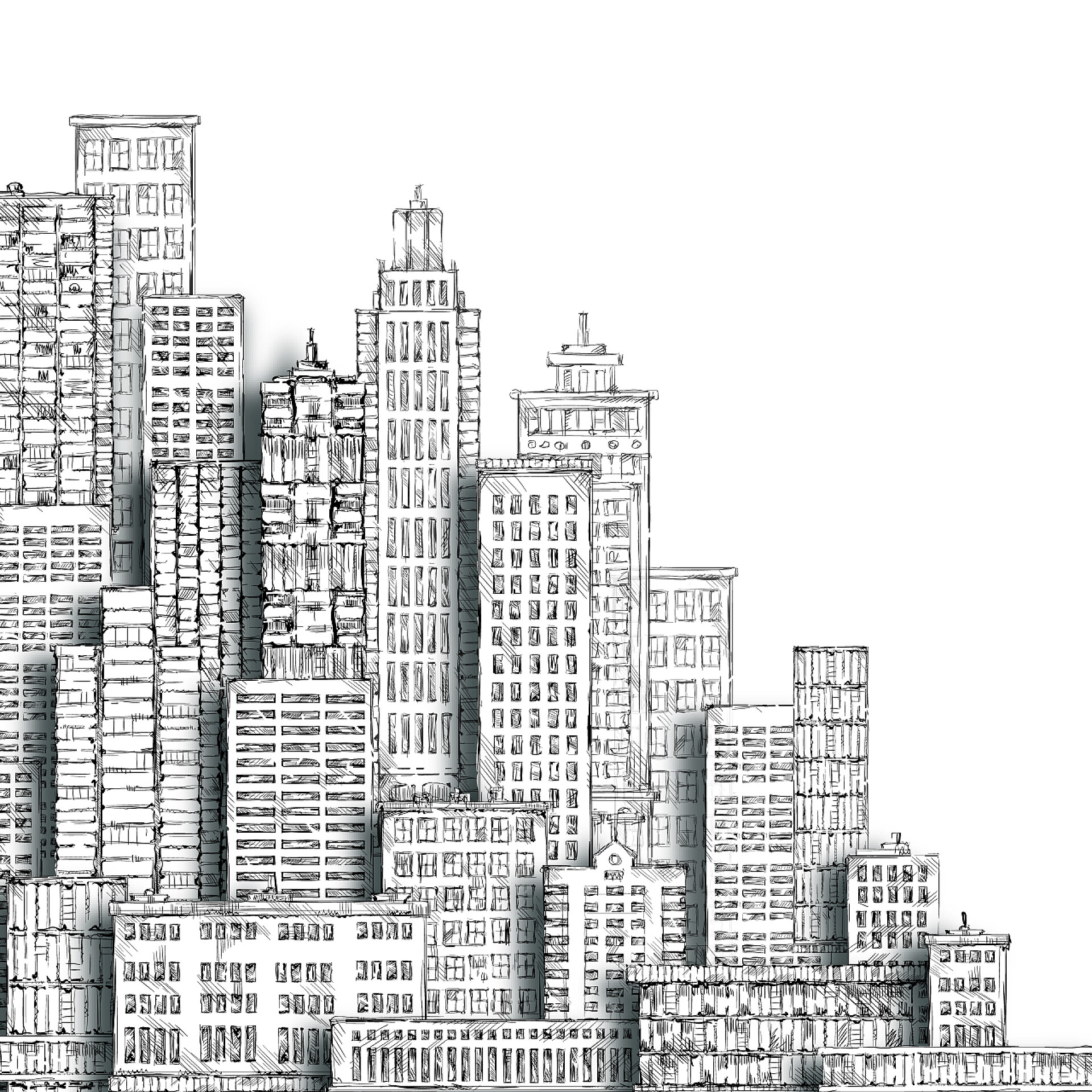 白色背景上手绘的现代城市景观城市的地标。手绘 bakcgound.