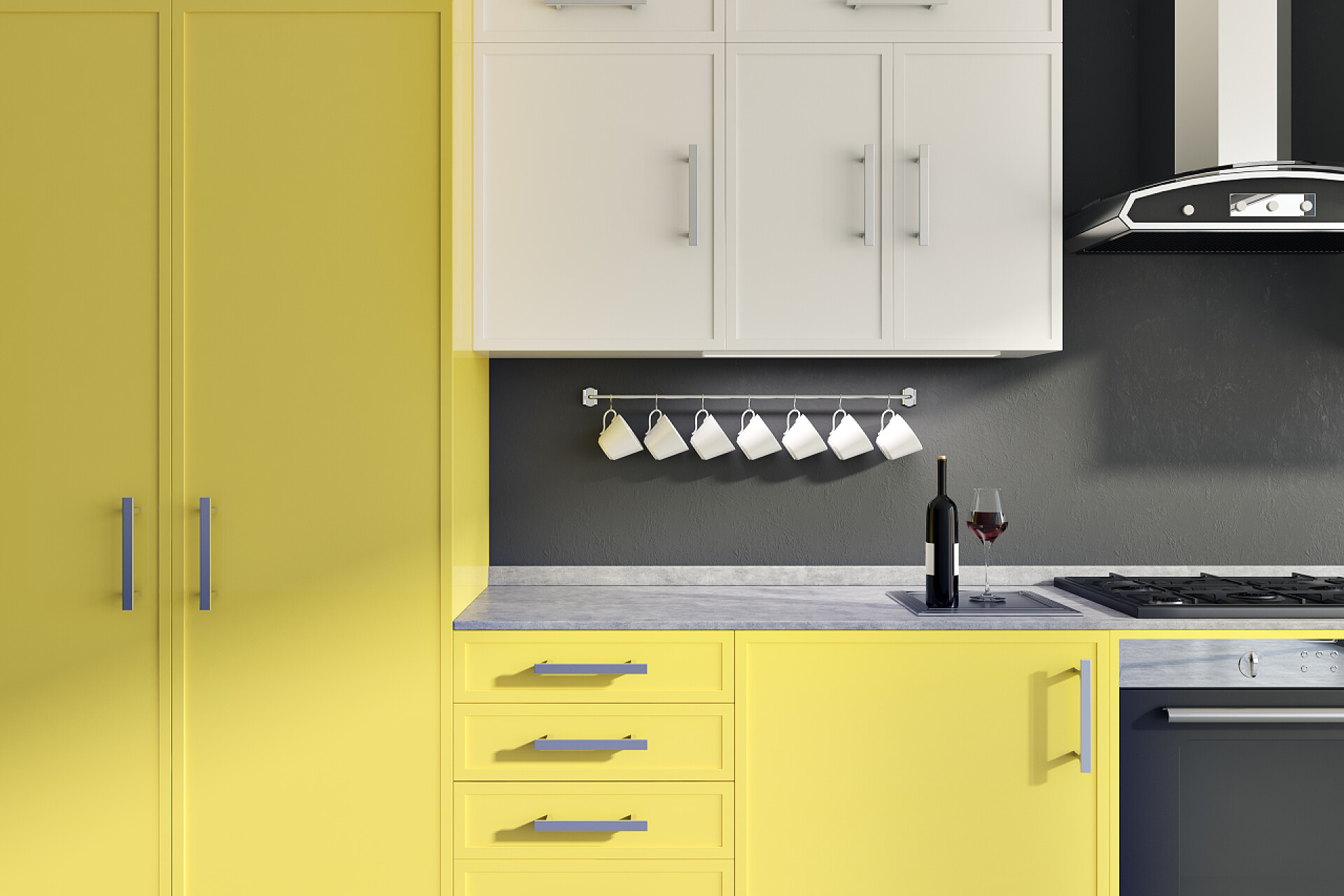 灰色墙壁厨房内部与黄色和白色柜台橱柜水槽灰色墙壁厨房, 黄色柜台关闭