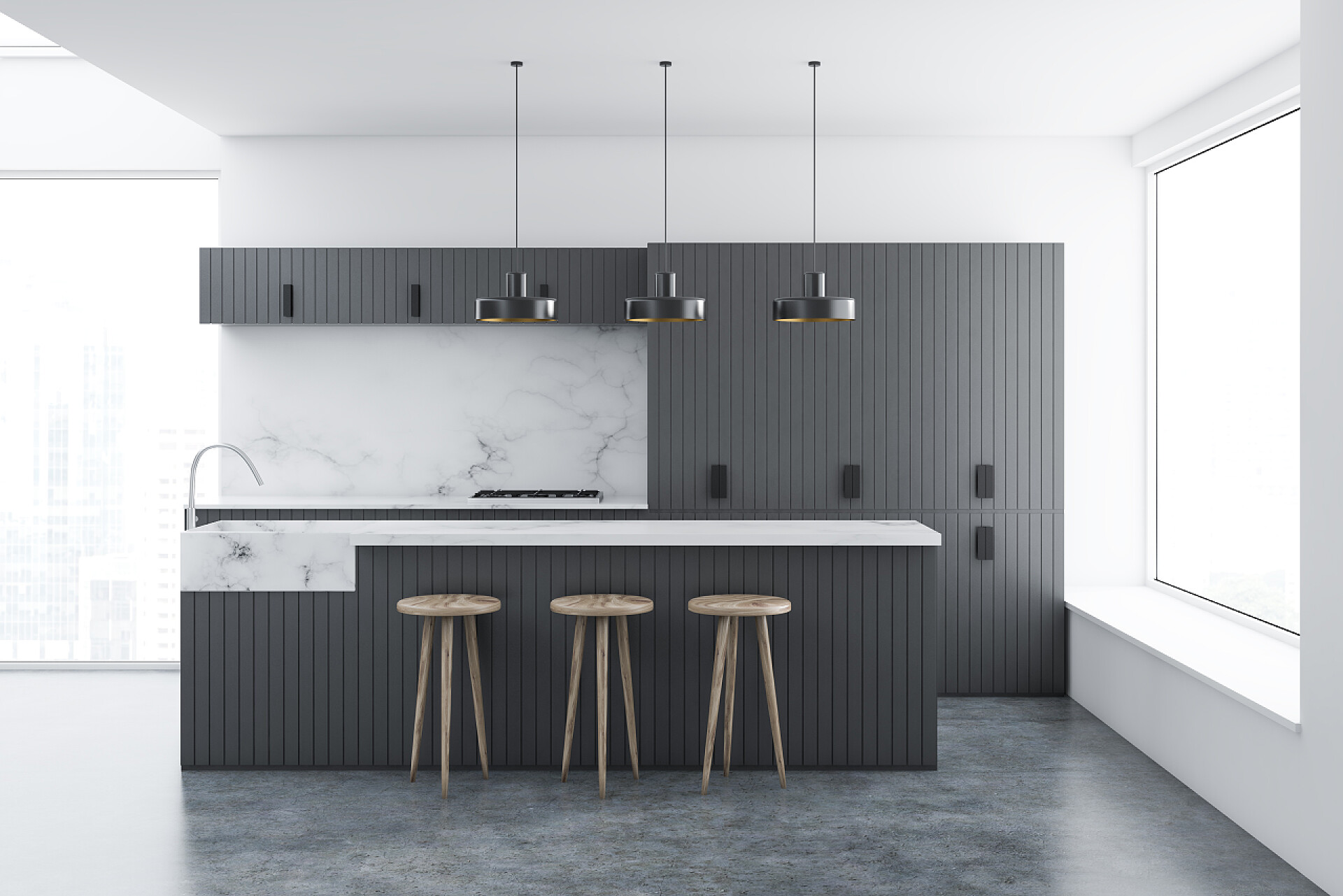 阁楼厨房内的工作台阁楼厨房内部有白色的墙壁, 一个混凝土地板, 灰色酒吧和工作台与内置的家电。3d 渲染模拟