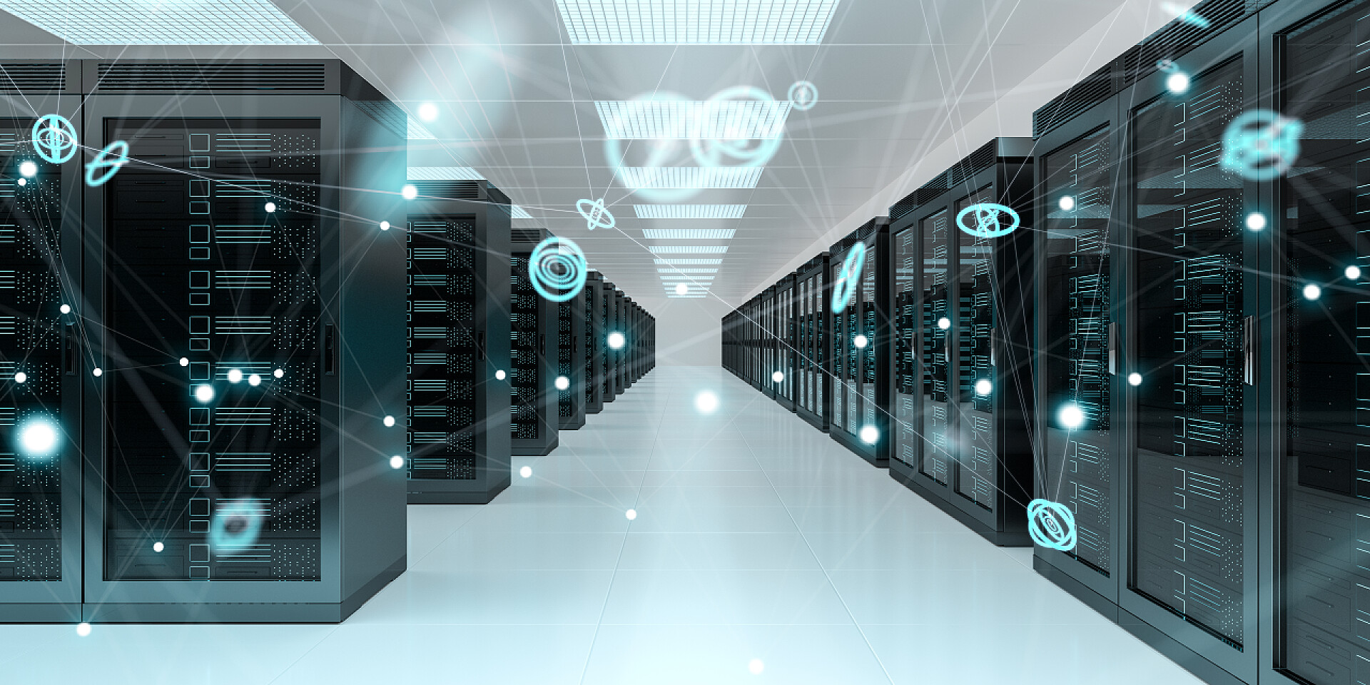 明亮的数据库数据中心服务器机房中心交换网络数据和连接3d 渲染