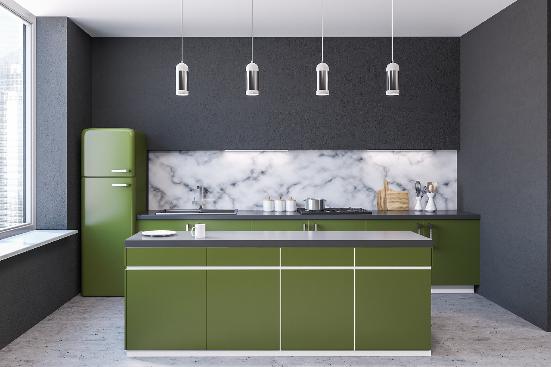 现代风格的开放式厨房效果图现代大理石墙厨房内部的大窗户, 混凝土地板和绿色的台面与内置的家电。岛在中心3d 渲染模拟