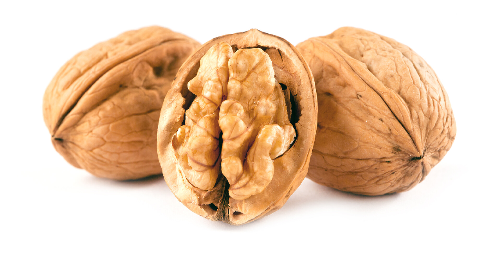 白色背景上的核桃核桃仁在乡土老橡木桌上.