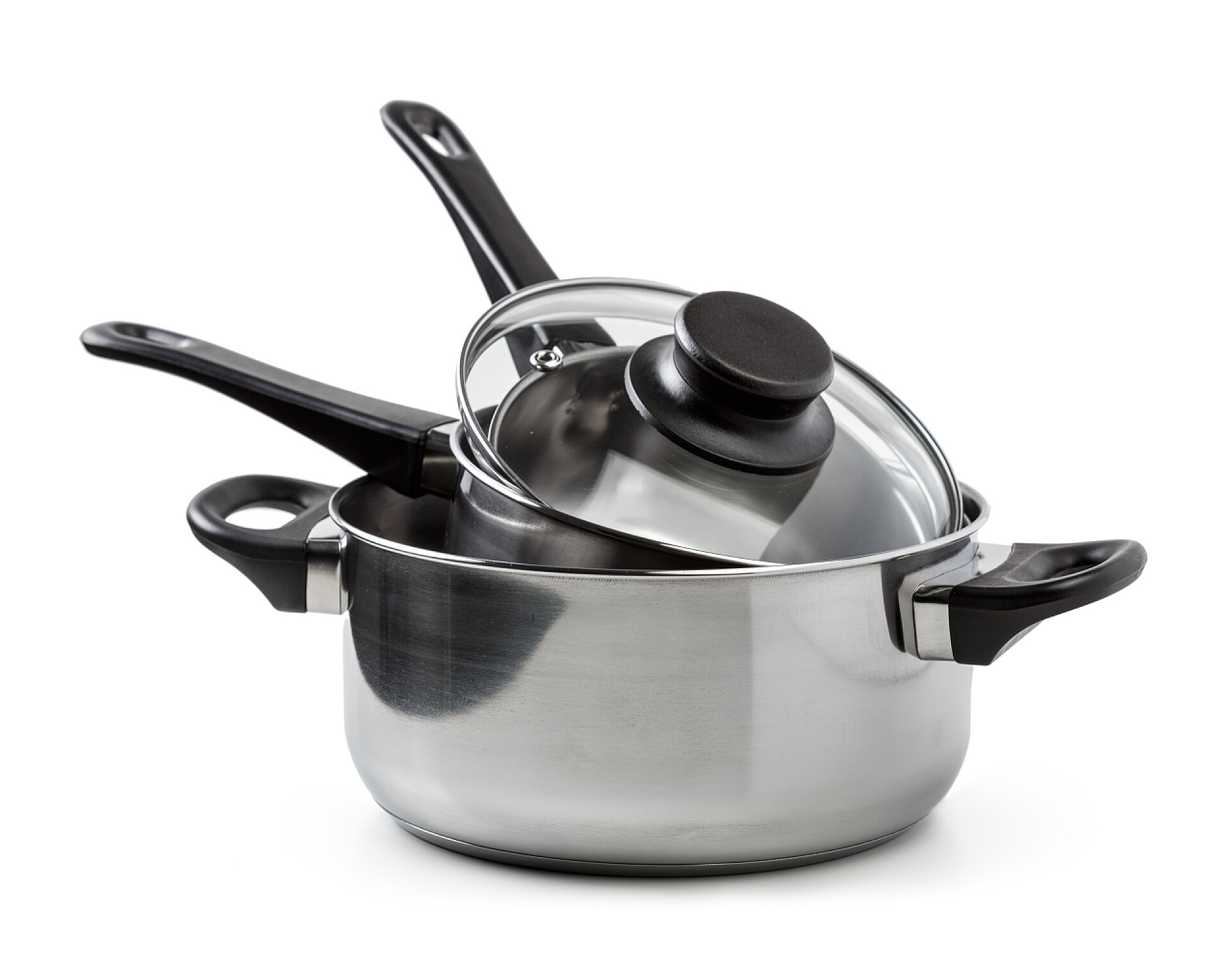 白色背景上的不锈钢锅不锈钢壶和孤立在白色背景上的锅