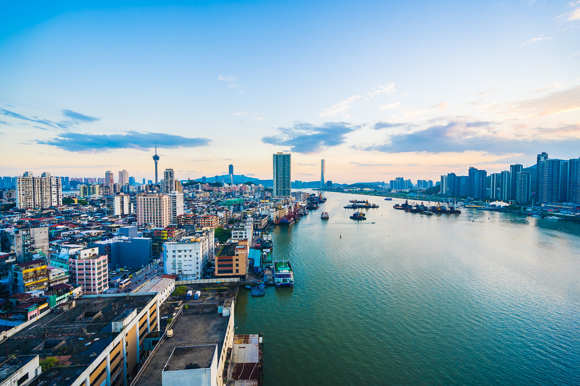 中国澳门城市景观澳门城市天际线美丽建筑景观