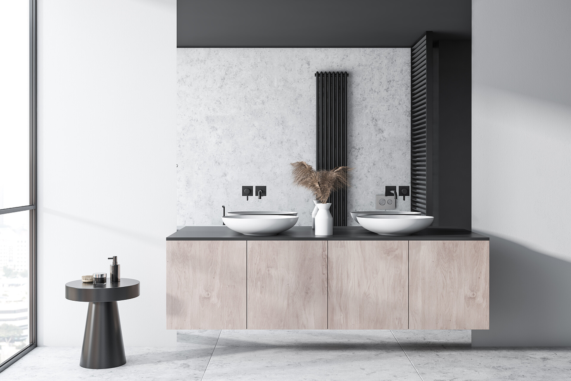 现代简约风格的漂亮洗手台现代明亮的浴室内饰。阁楼风格.