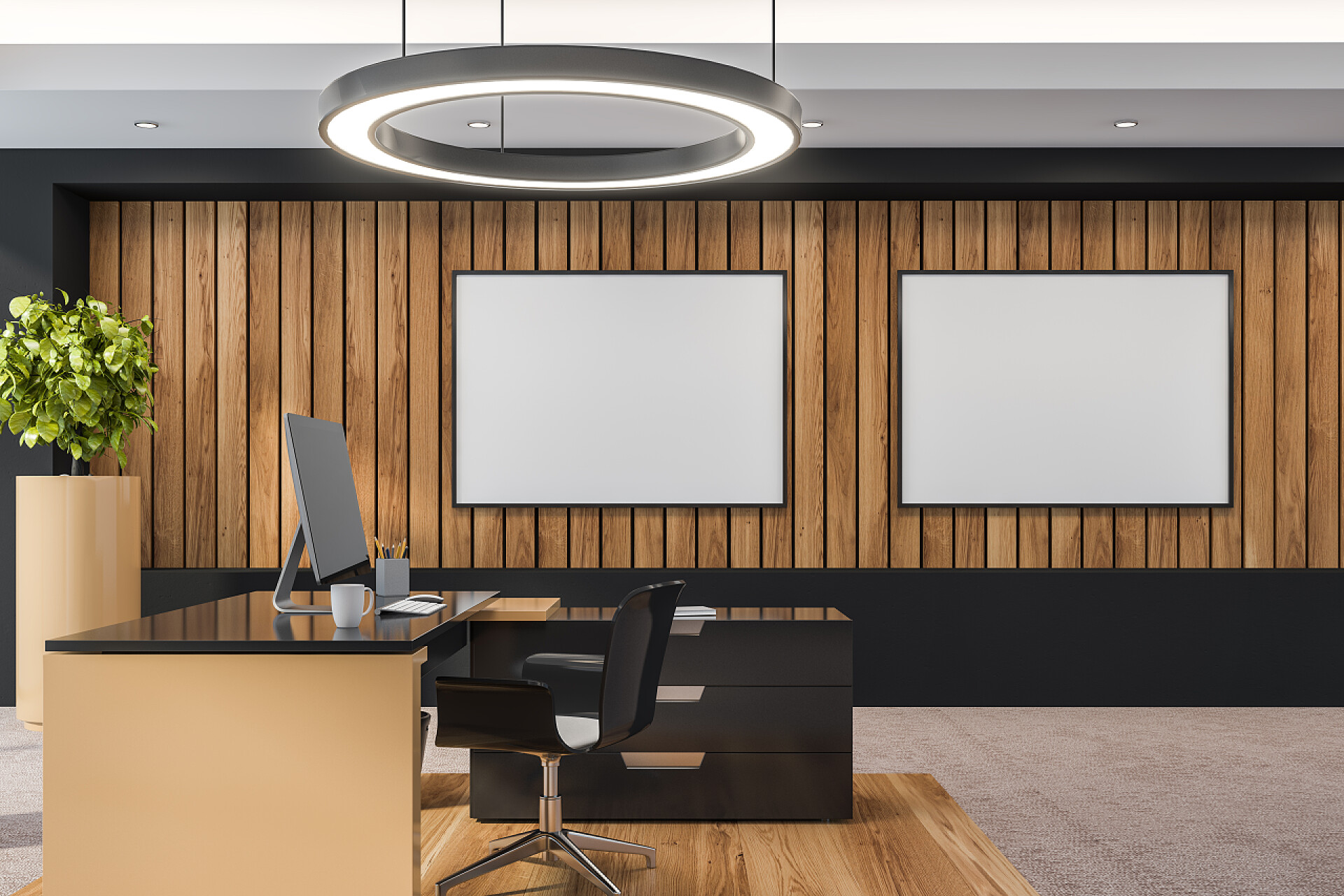 现代化的办公室内饰与家具现代化的办公室内饰与家具。模拟海报.