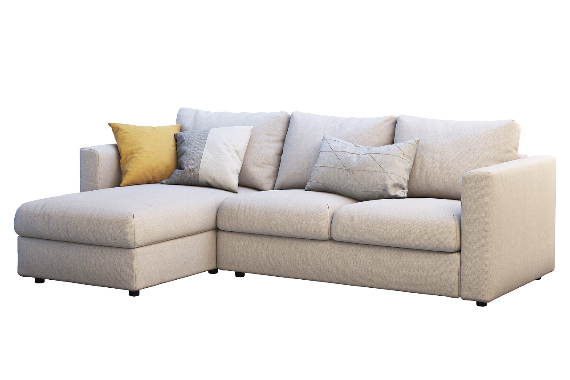 白色背景上的沙发组合现代米色面料沙发与彩色枕头。3d 渲染