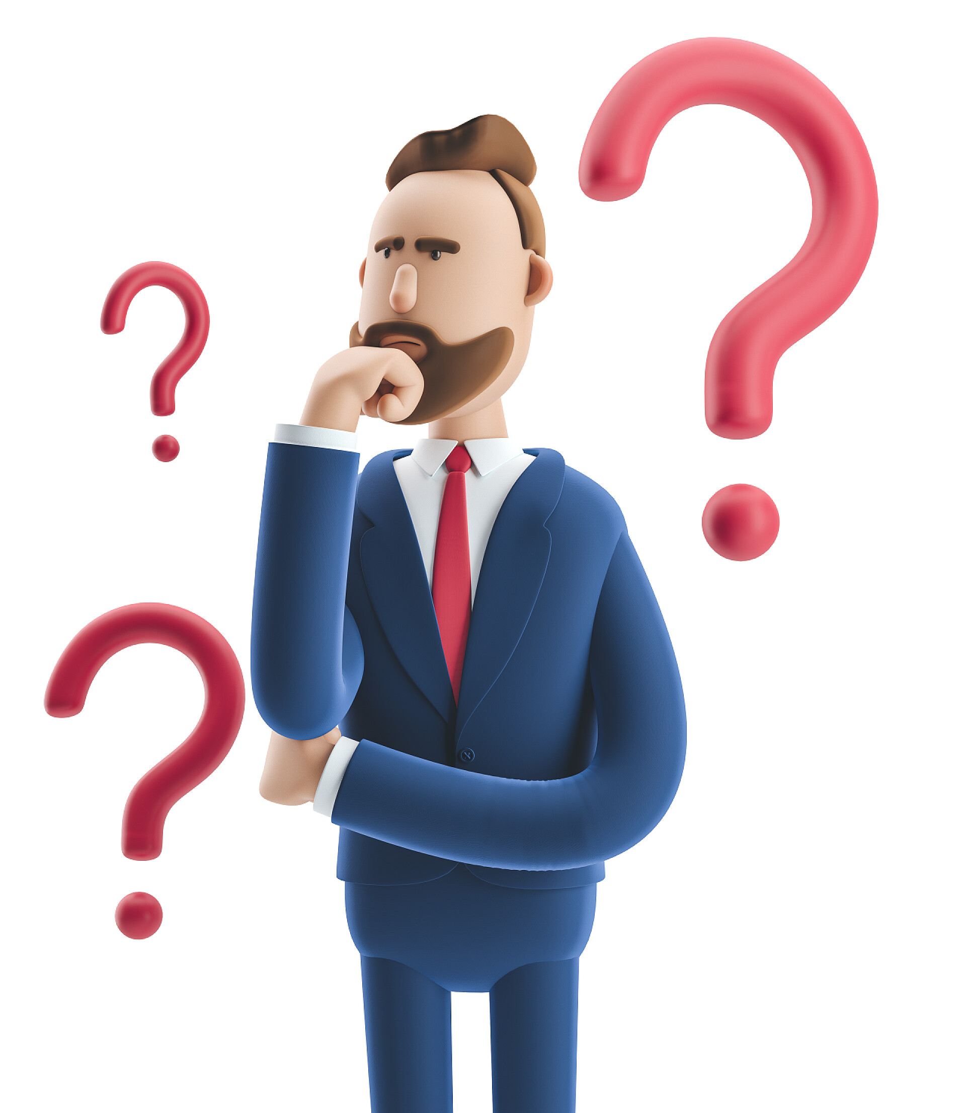 思考中的卡通人物3d 插图。商人比利寻找解决方案