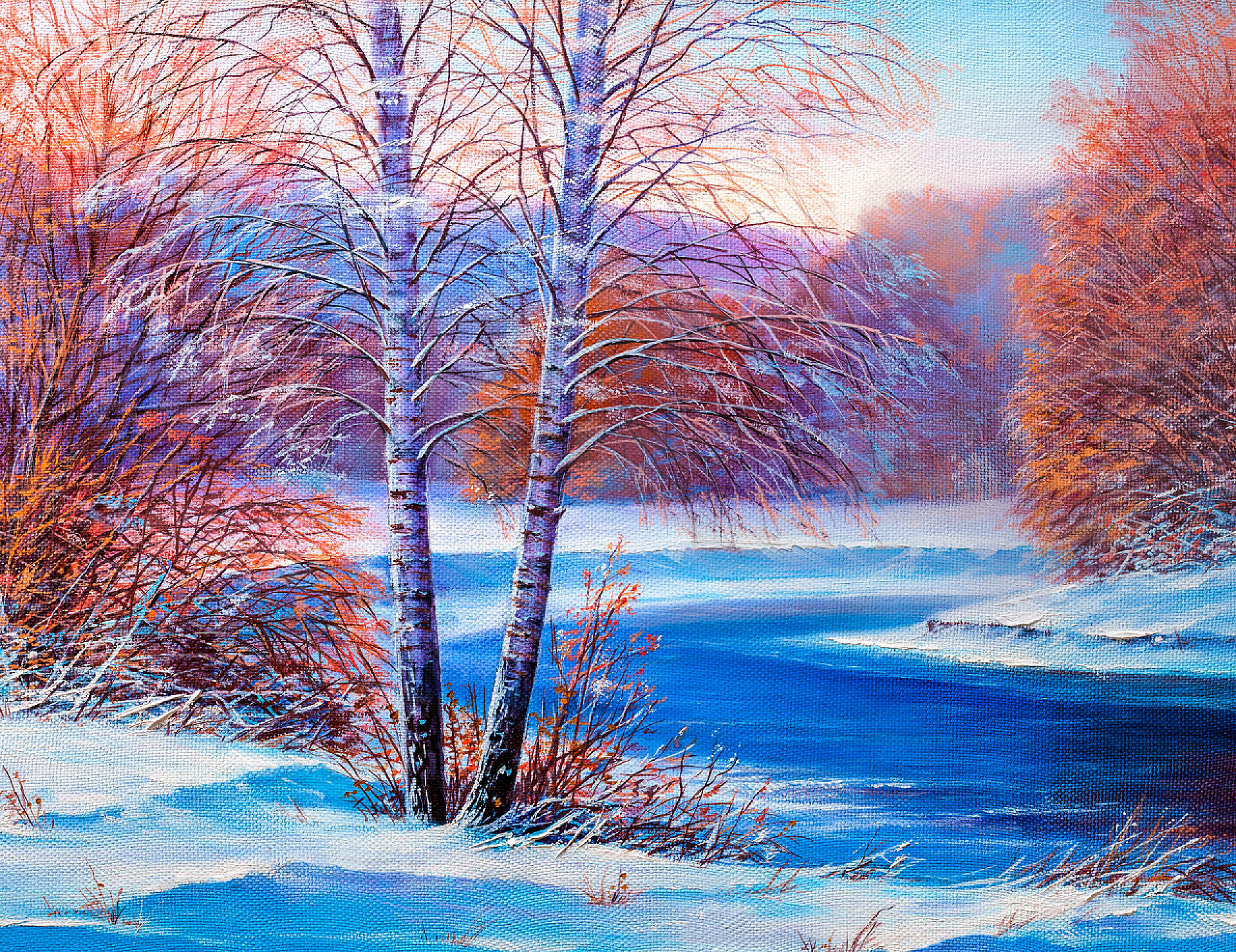 春天的森林河流油画风景春天的风景。油画.