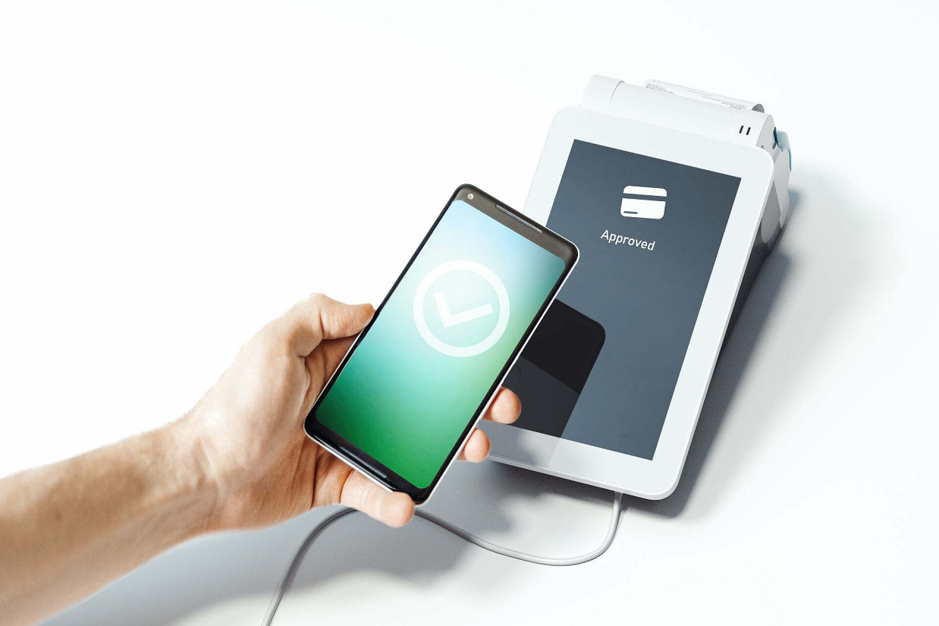 用手机在POS机终端上付款手持手机和Pos支付终端Nfc付款。3d 渲染.