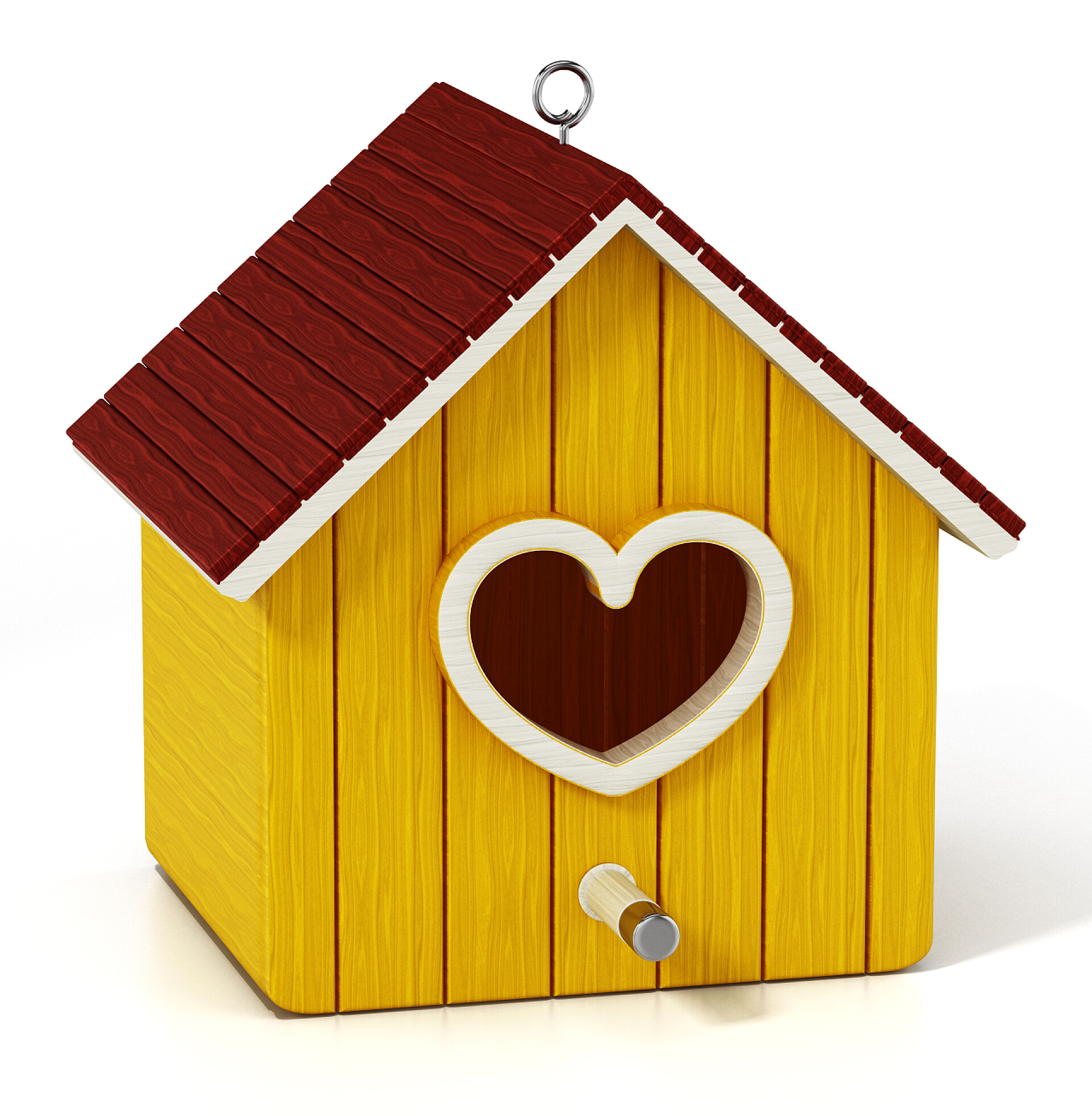 白色背景上的房子鸟屋与心形的门。3d 插图