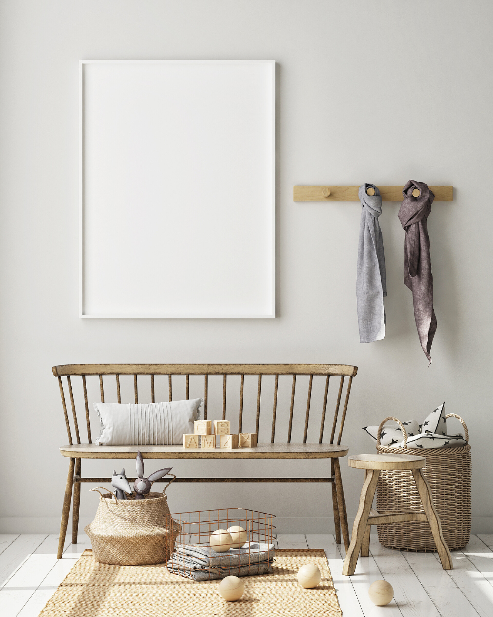 现代儿童卧室装饰小样在儿童卧室、 斯堪的纳维亚风格室内背景、 3d 渲染、 3d 插图海报帧