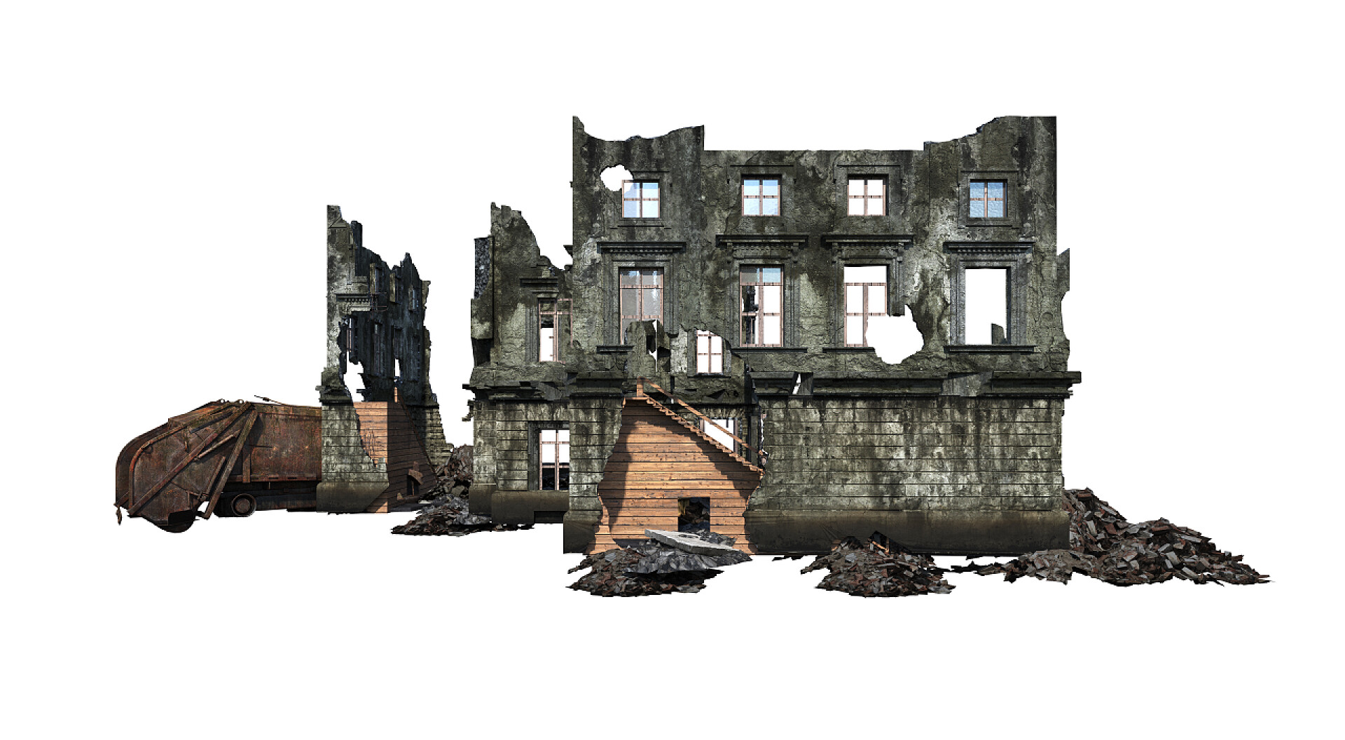 白色背景上的3D废墟建筑特写建筑遗址