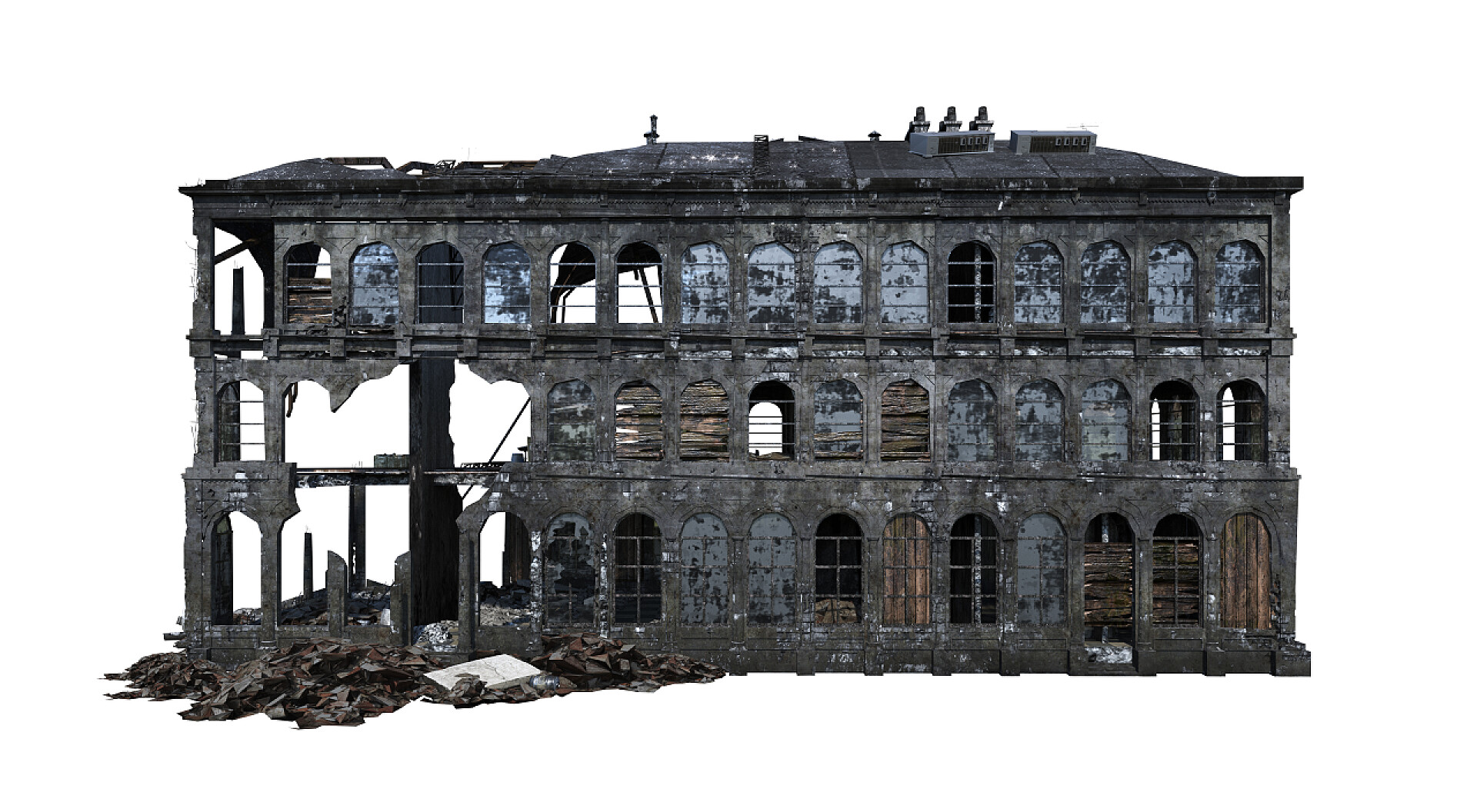 白色背景上的3D废墟建筑特写建筑遗址