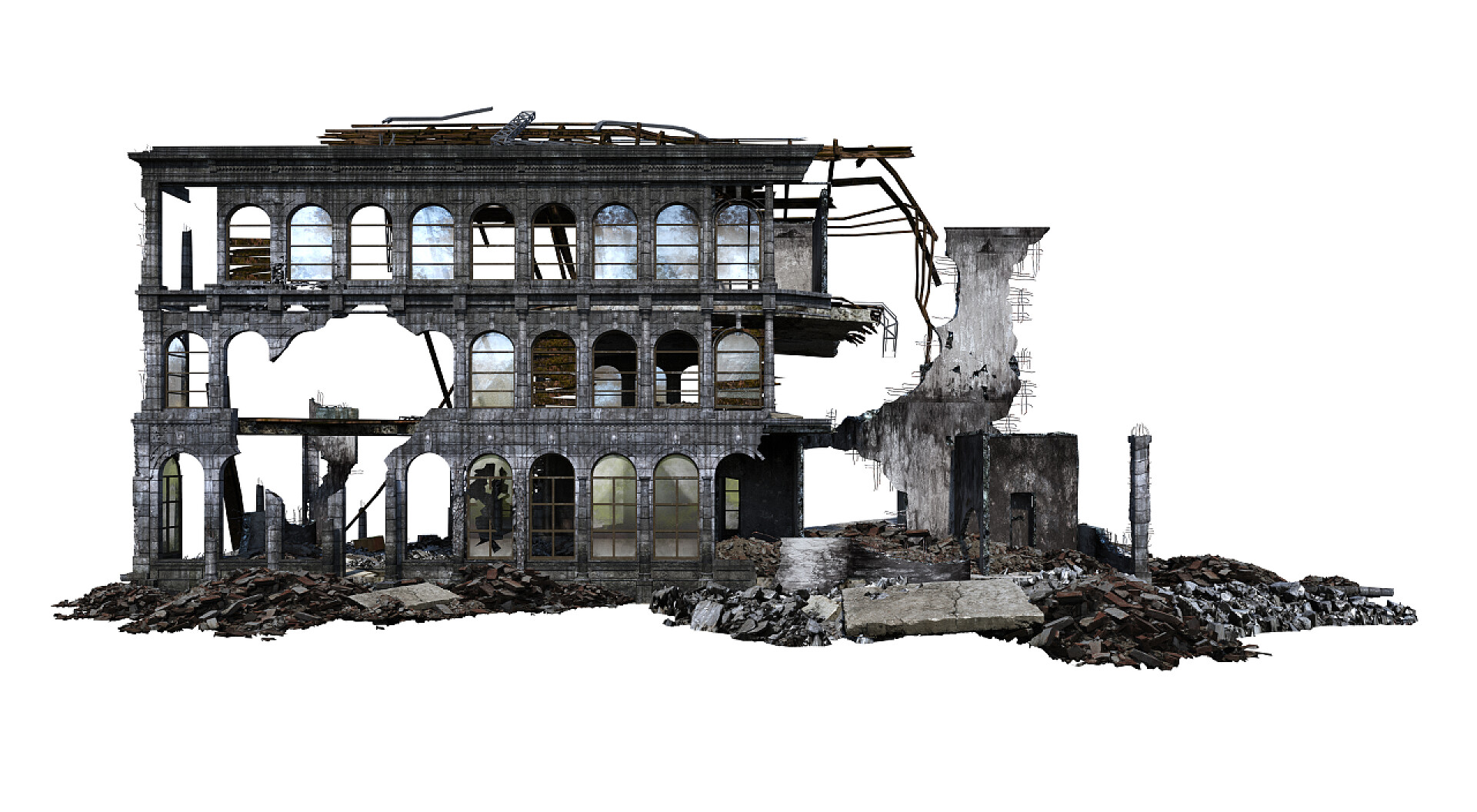 白色背景上的3D废墟建筑特写建筑遗址