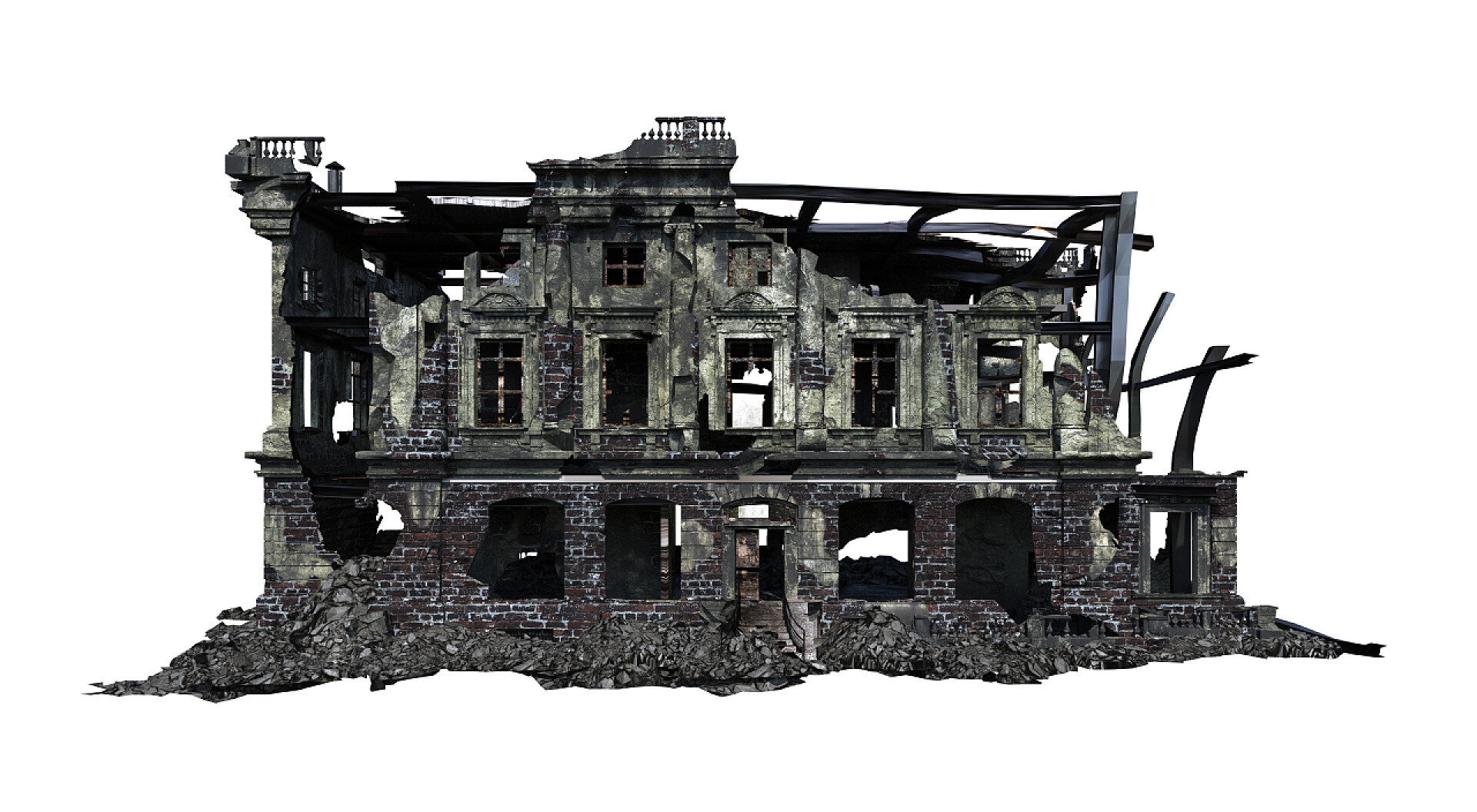 白色背景上的3D废墟建筑特写建筑遗址