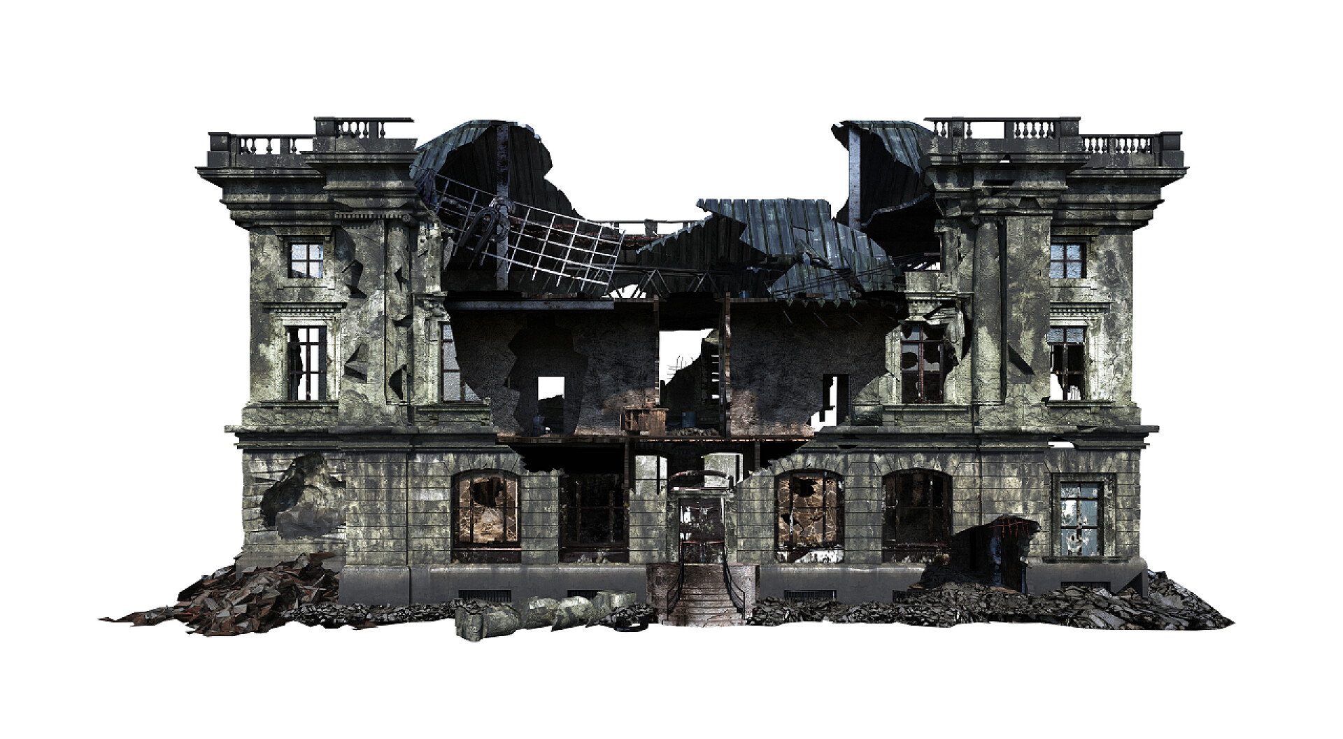 白色背景上的3D废墟建筑特写建筑遗址