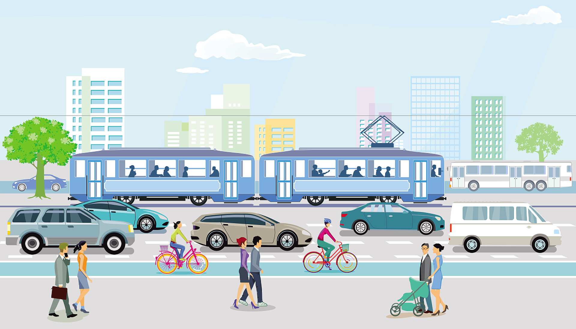 带有电车和道路交通的城市街道带电车和道路交通的城市街道