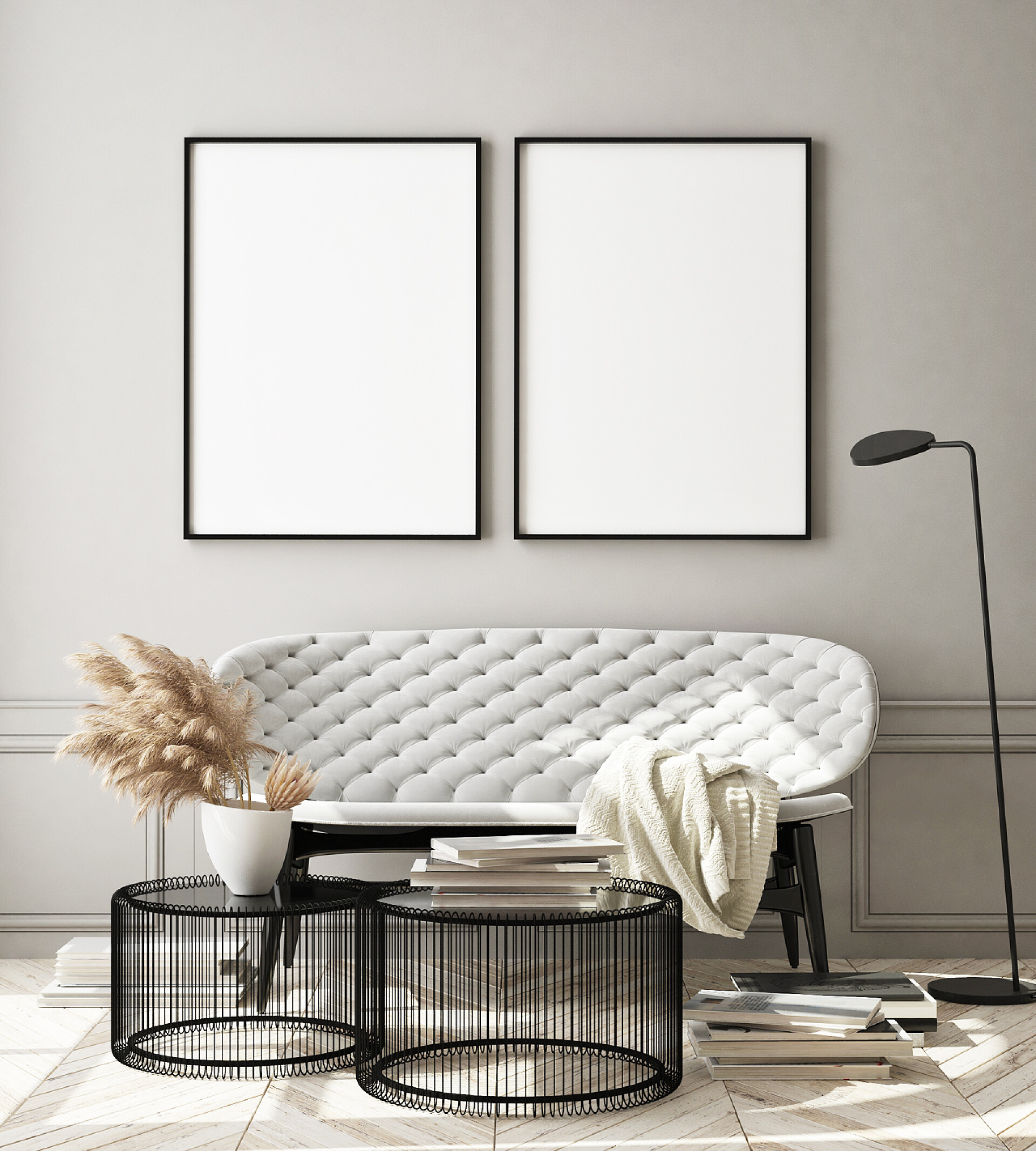 现代纳维亚风格客厅模拟海报框架在现代室内背景, 客厅, 斯堪的纳维亚风格, 3d 渲染, 3d 插图